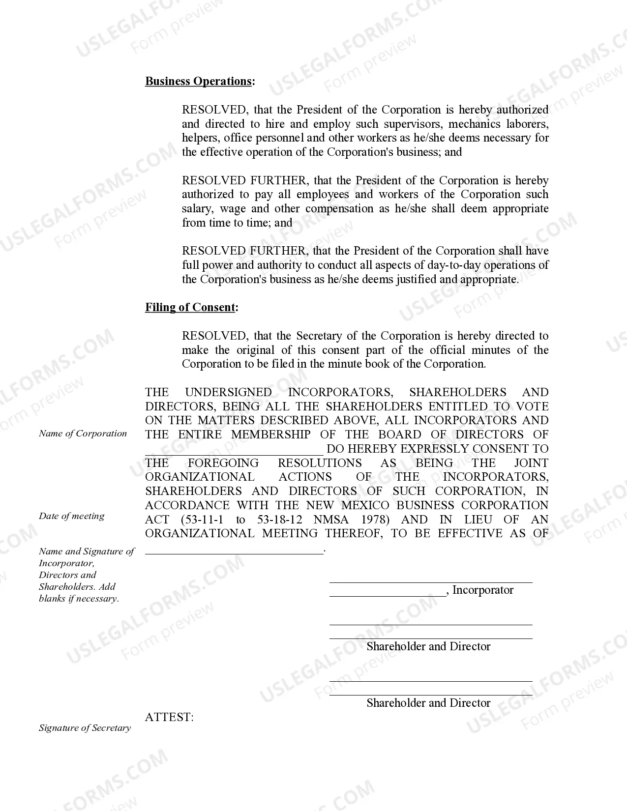 Preview Organizational Minutes for a New Mexico Professional Corporation