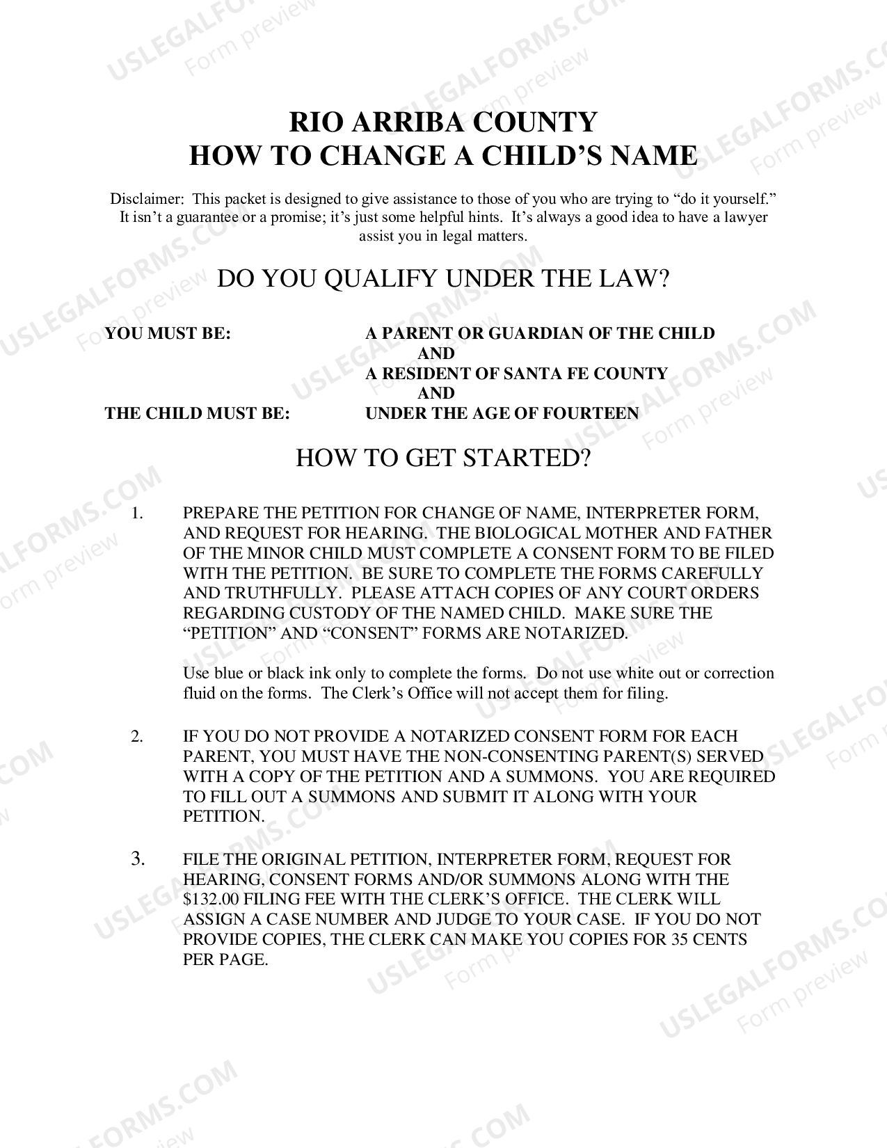 New Mexico Name Change Instructions and Forms for a Minor Child (13 and