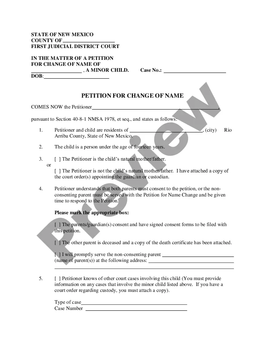 Get Name Change Instructions and Forms for a Minor Child (13 and Under) - Rio Arriba County Only Preview Name Change Instructions and Forms for a Minor Child (13 and Under) - Rio Arriba County Only