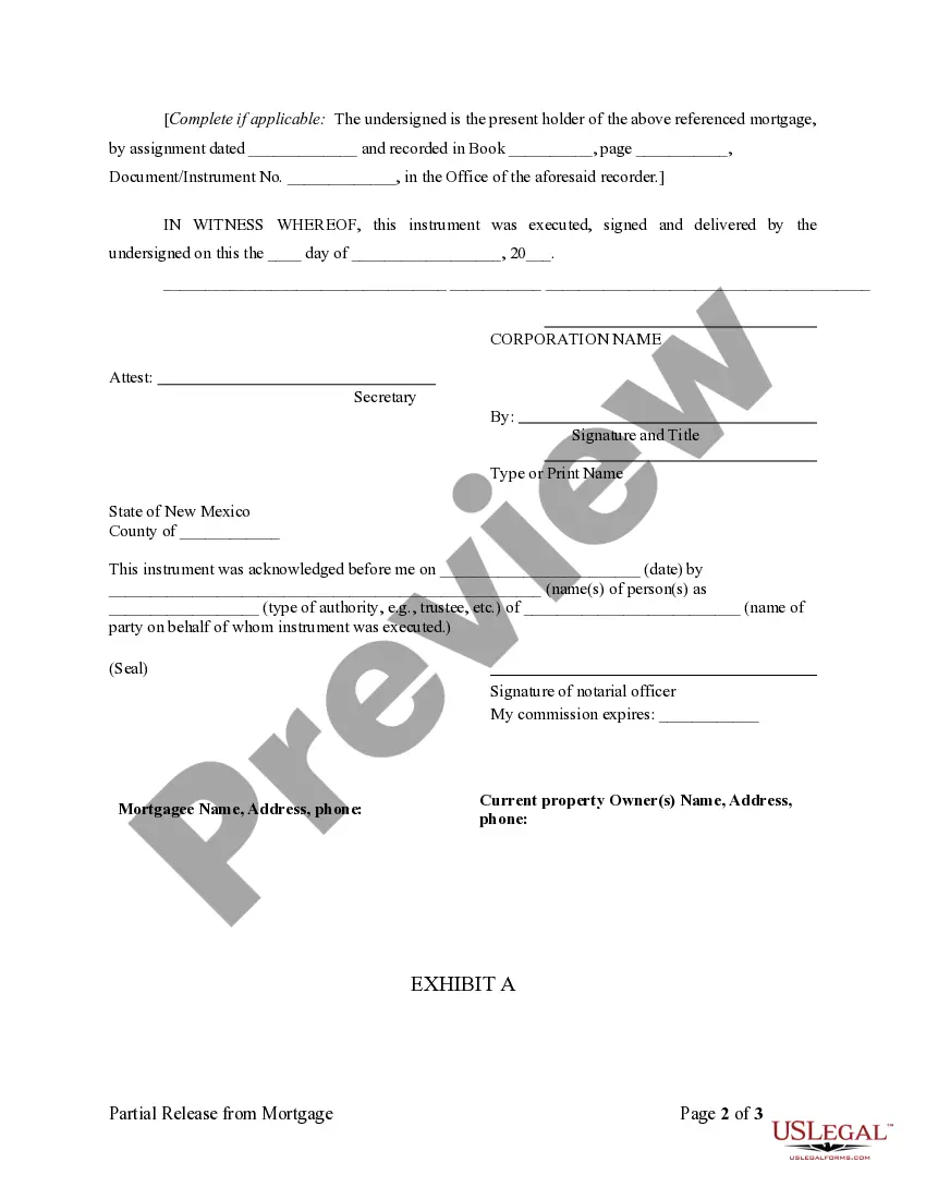 Preview Partial Release of Property From Mortgage for Corporation