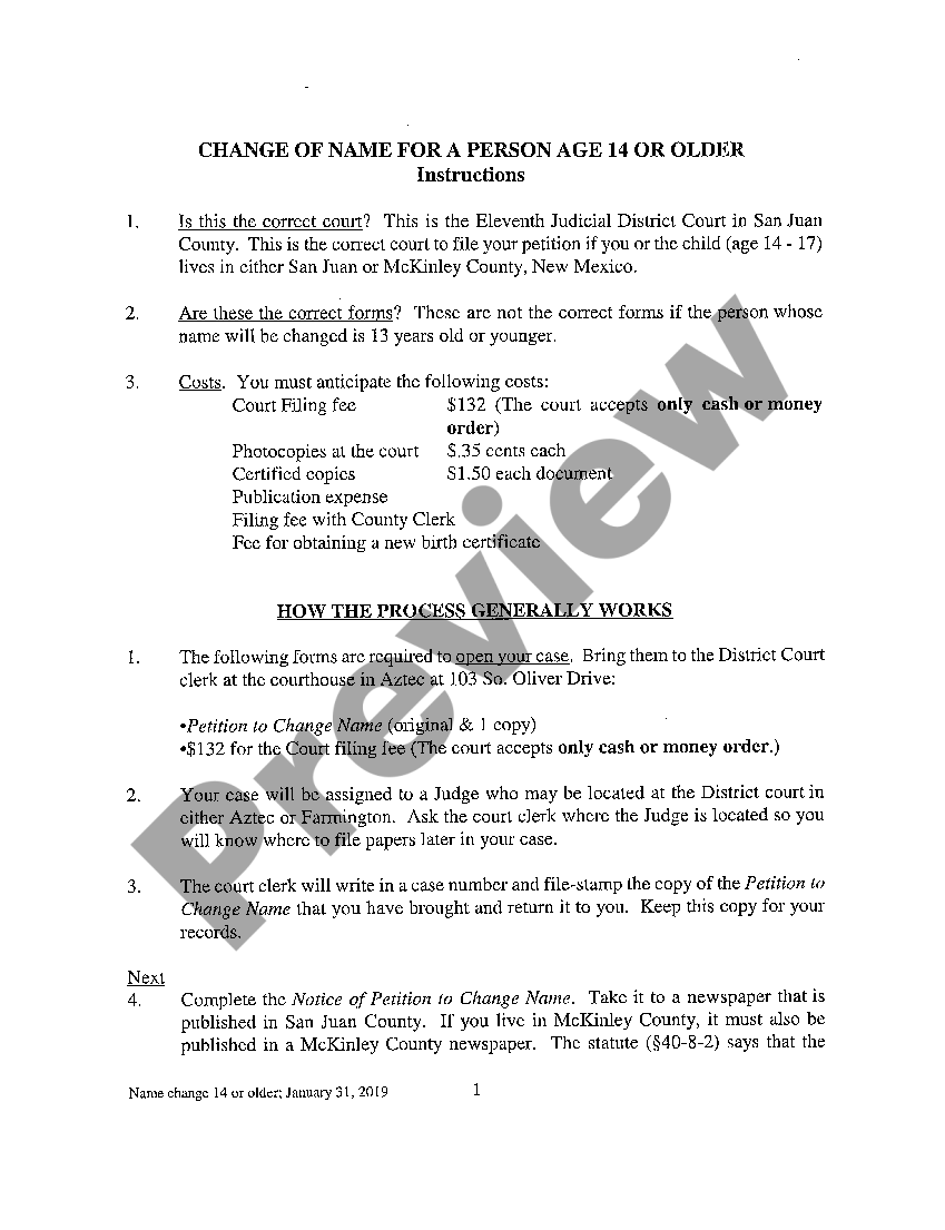 New Mexico Name Change Instructions and Forms for an Adult San Juan