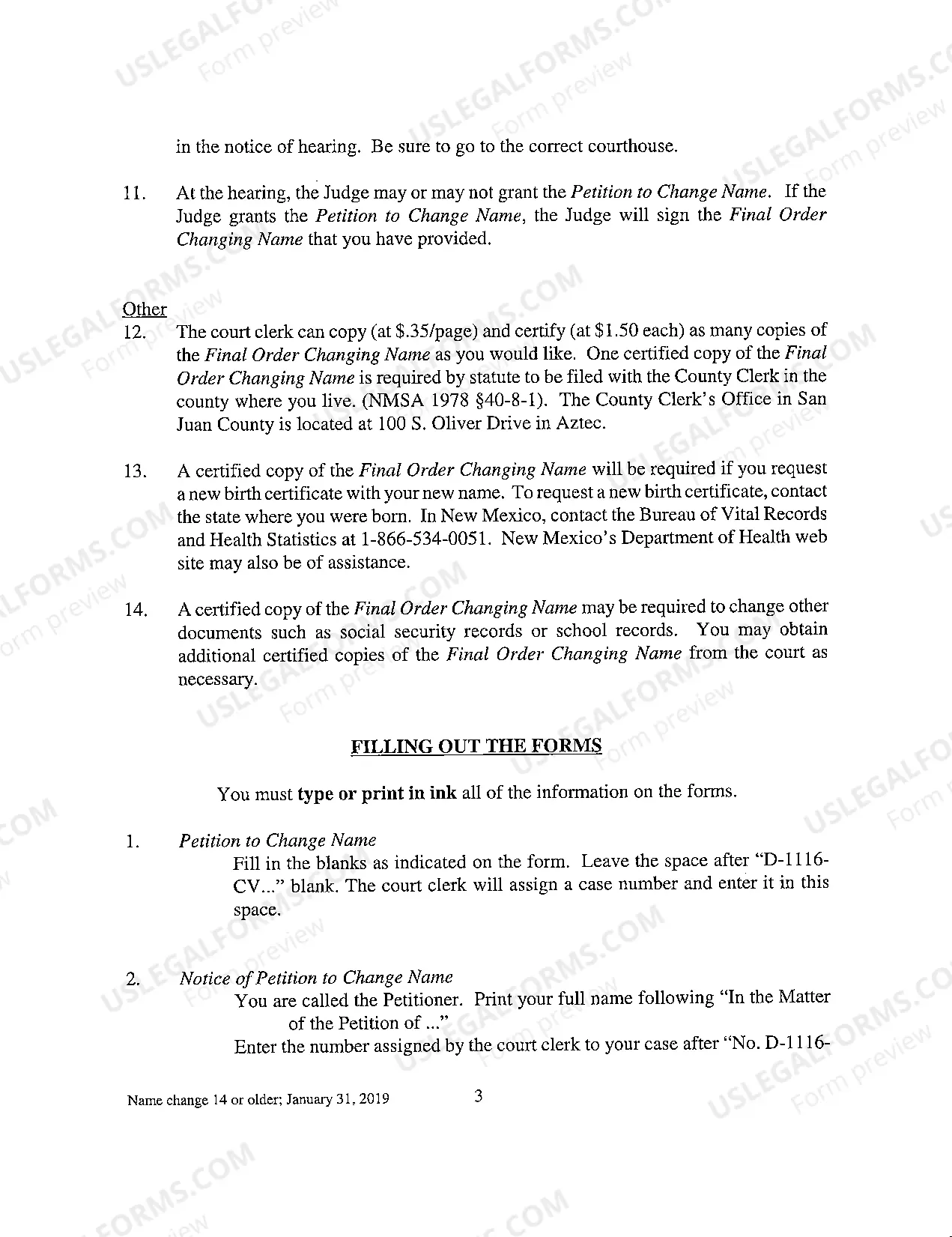 Preview Name Change Instructions and Forms for an Adult - San Juan County Only