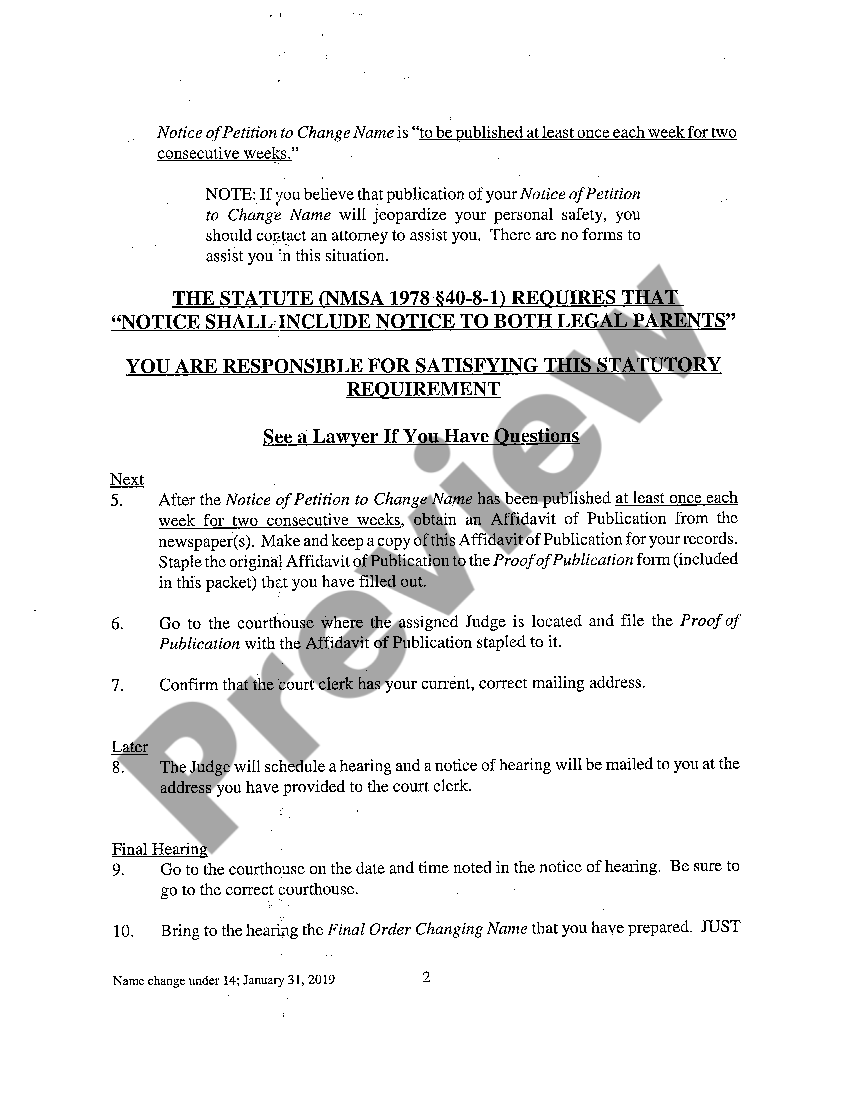 New Mexico Name Change Instructions and Forms for a Minor Under Age 14