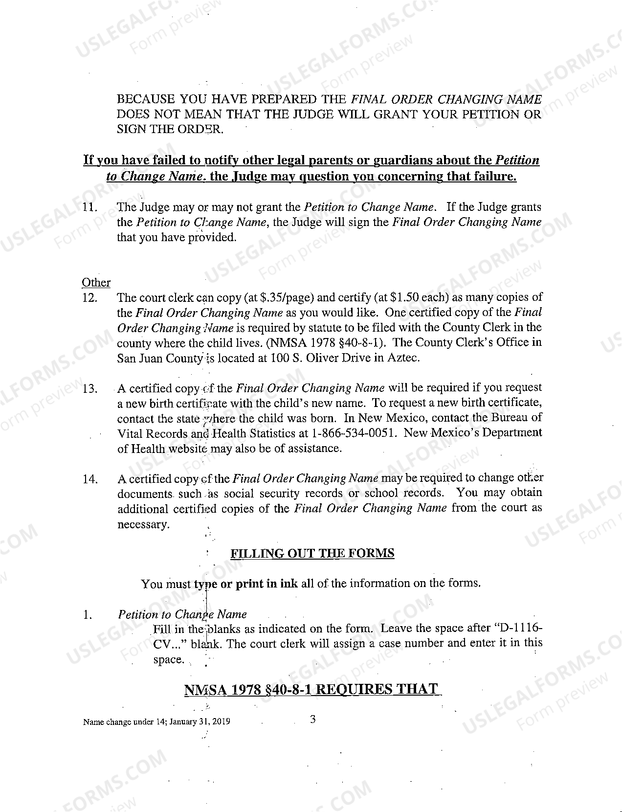 New Mexico Name Change Instructions and Forms for a Minor Under Age 14