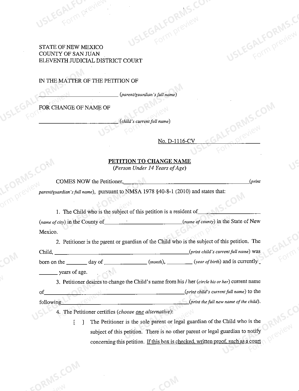 New Mexico Name Change Instructions and Forms for a Minor Under Age 14