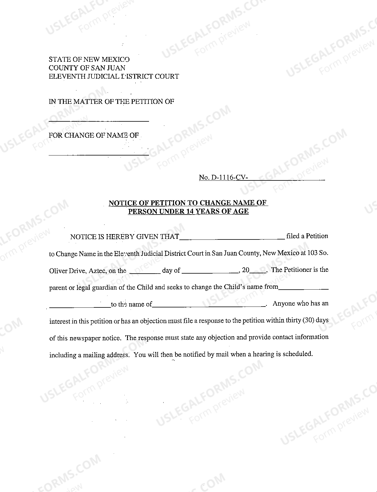 New Mexico Name Change Instructions and Forms for a Minor Under Age 14