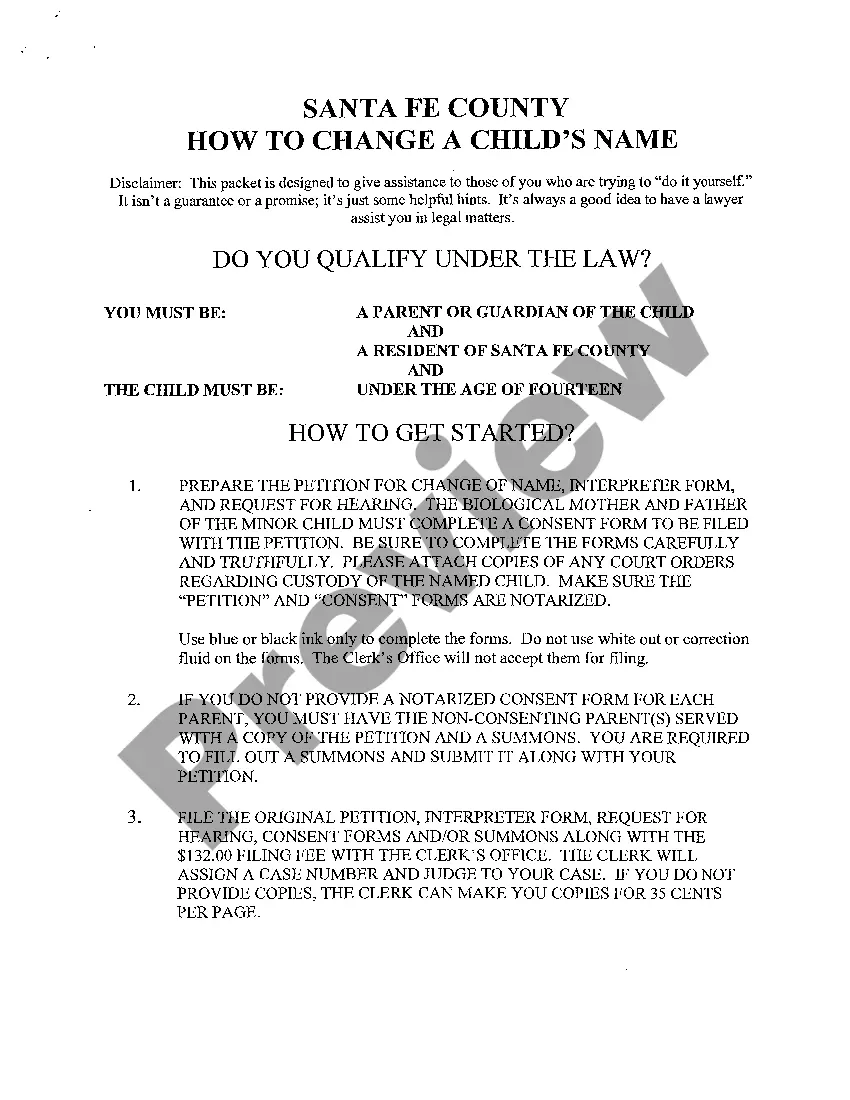 Preview Name Change Instructions and Forms for a Minor Child - Santa Fe County Only