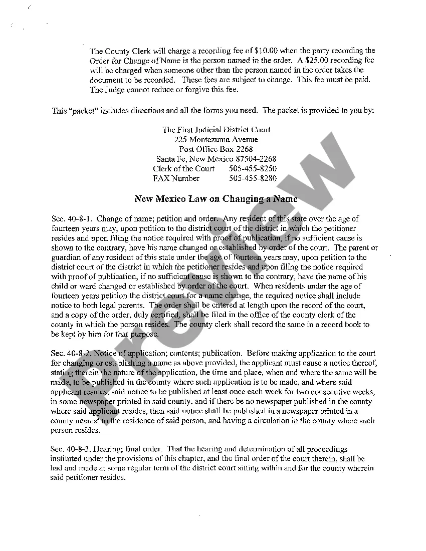 Preview Name Change Instructions and Forms for a Minor Child - Santa Fe County Only