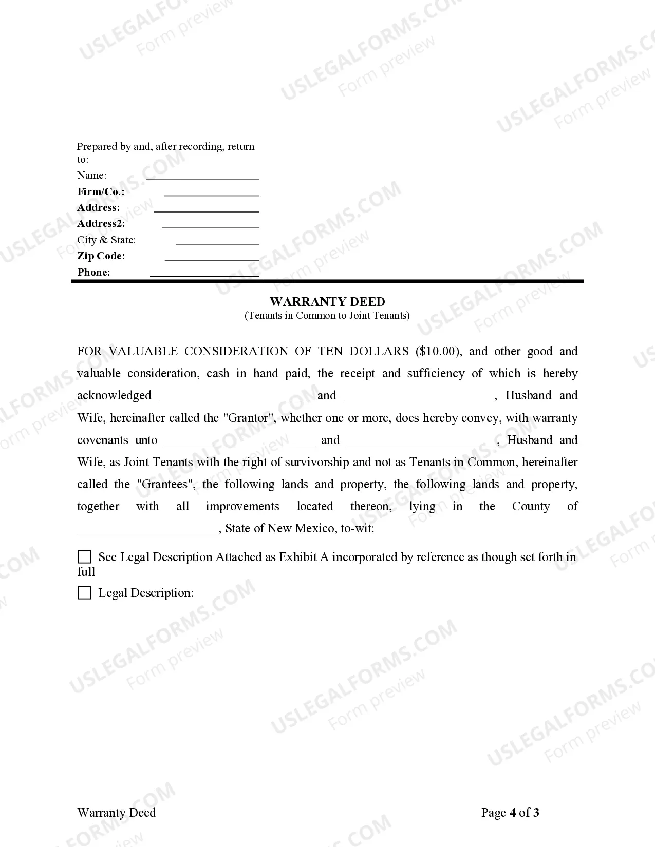 Preview Warranty Deed for Husband and Wife Converting Property from Tenants in Common to Joint Tenancy