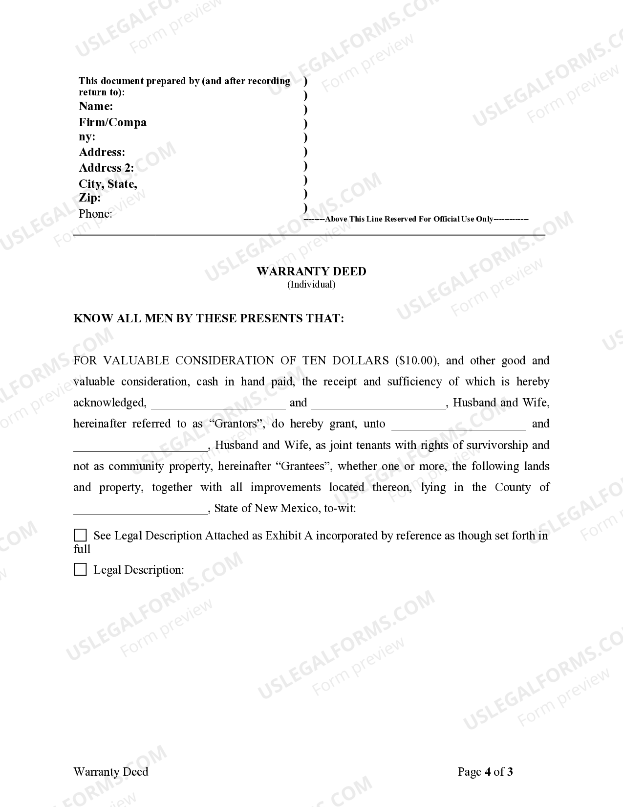 New Mexico Warranty Deed to convert Community Property to Joint Tenancy New Mexico Community