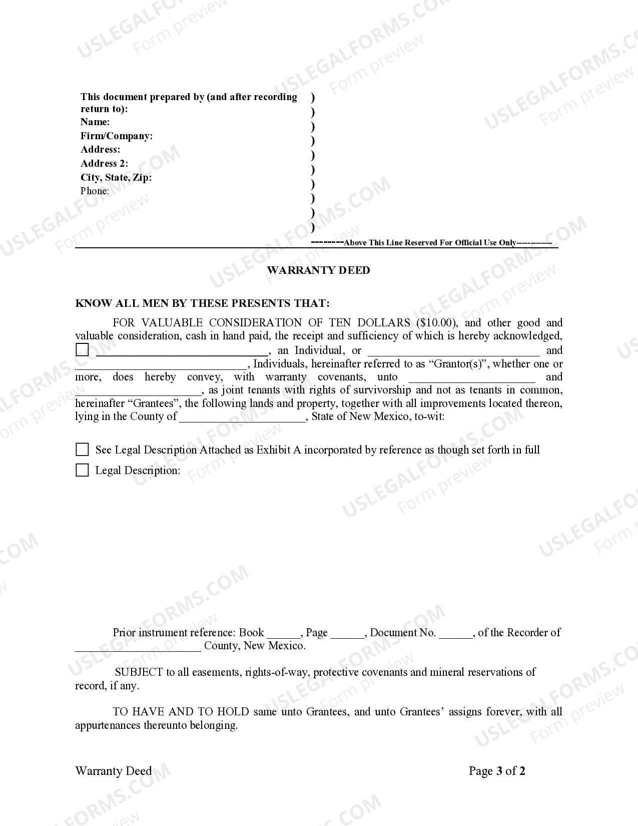 New Mexico Warranty Deed for Separate or Joint Property to Joint Tenancy Warranty Deed Joint