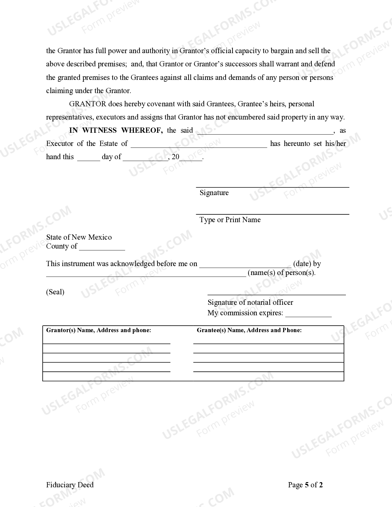 New Mexico Warranty Deed Executor's Deed Executors Deed US Legal