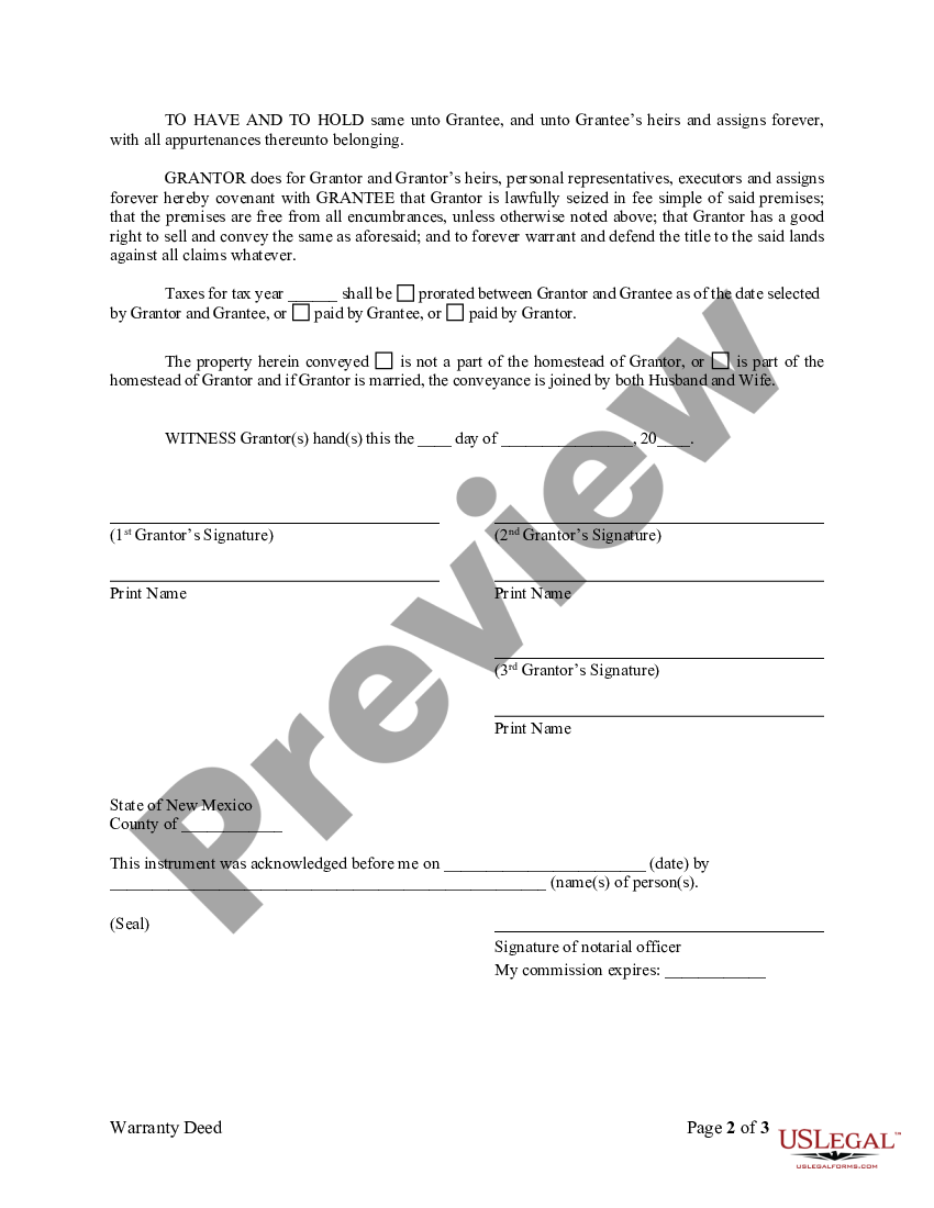 New Mexico Warranty Deed For Three Individuals To One Individual Nm Warranty Deed Form Us 7596