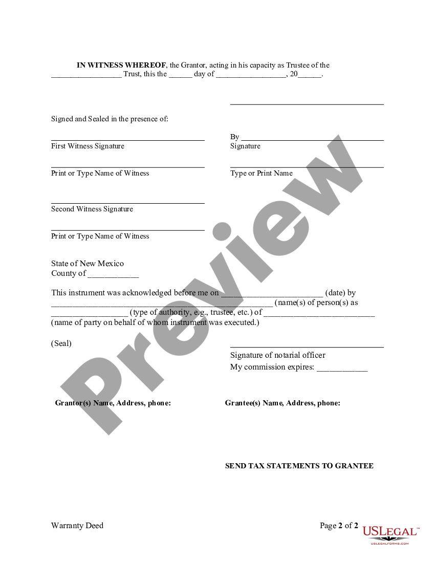 New Mexico Warranty Deed From Trust To One Individual New Mexico Warranty Deed Us Legal Forms 5521