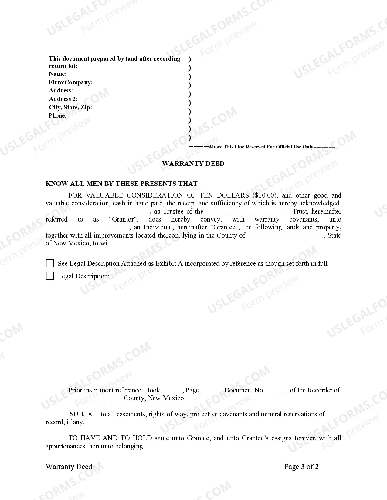 Preview Warranty Deed from Trust to One Individual