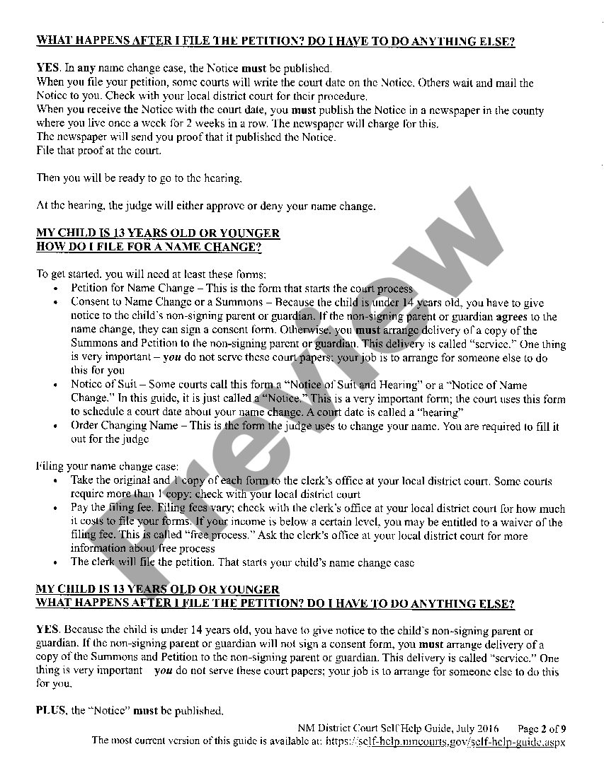 New Mexico Name Change Instructions and Forms for a Minor Under Age 14