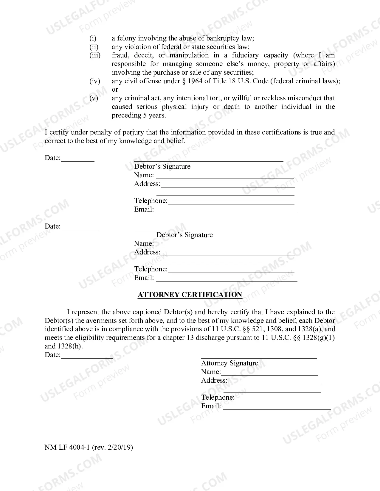 Preview Debtors Certification in Support of Chapter 13 Discharge