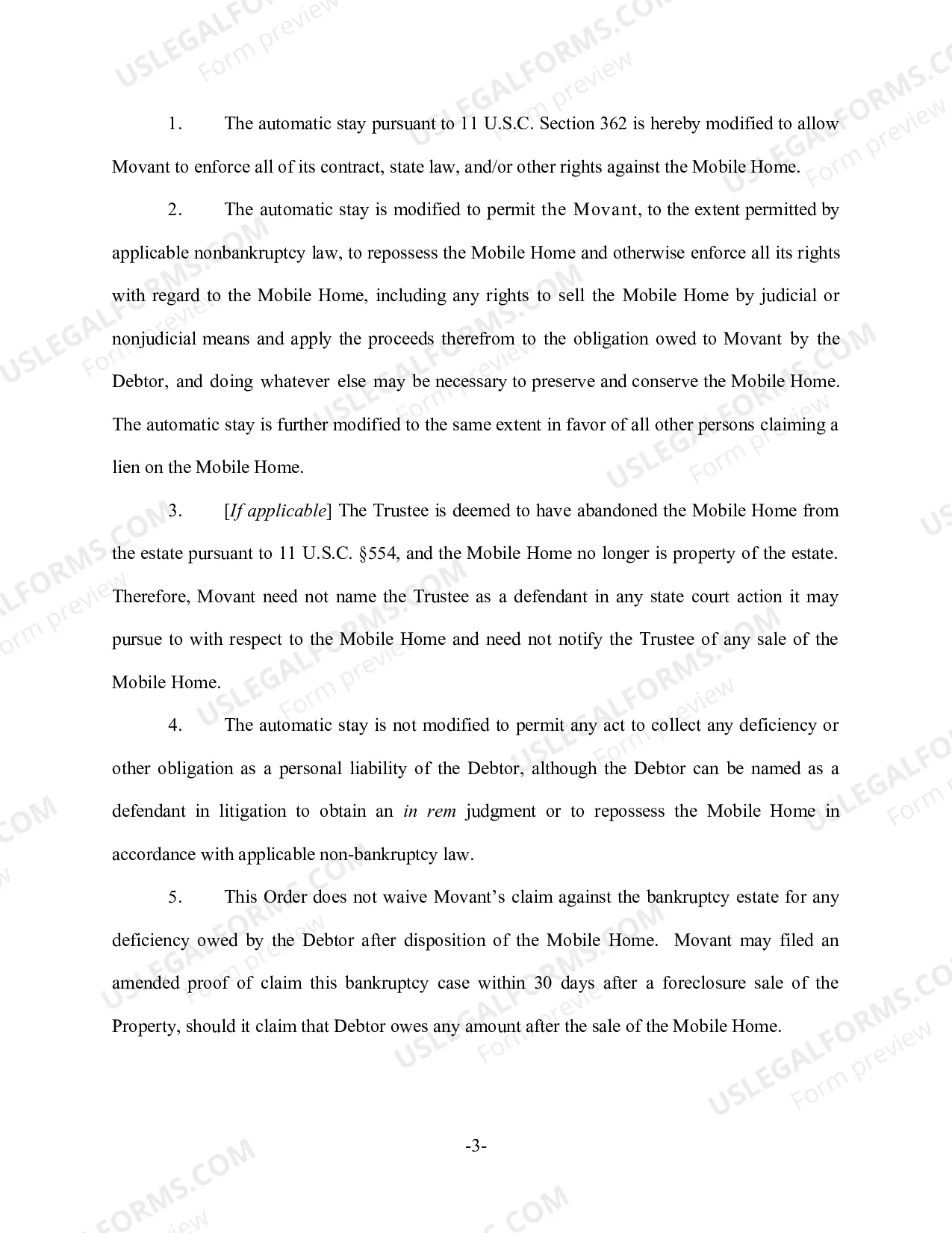 Preview Default Order Granting Relief from Stay (Mobile Home)