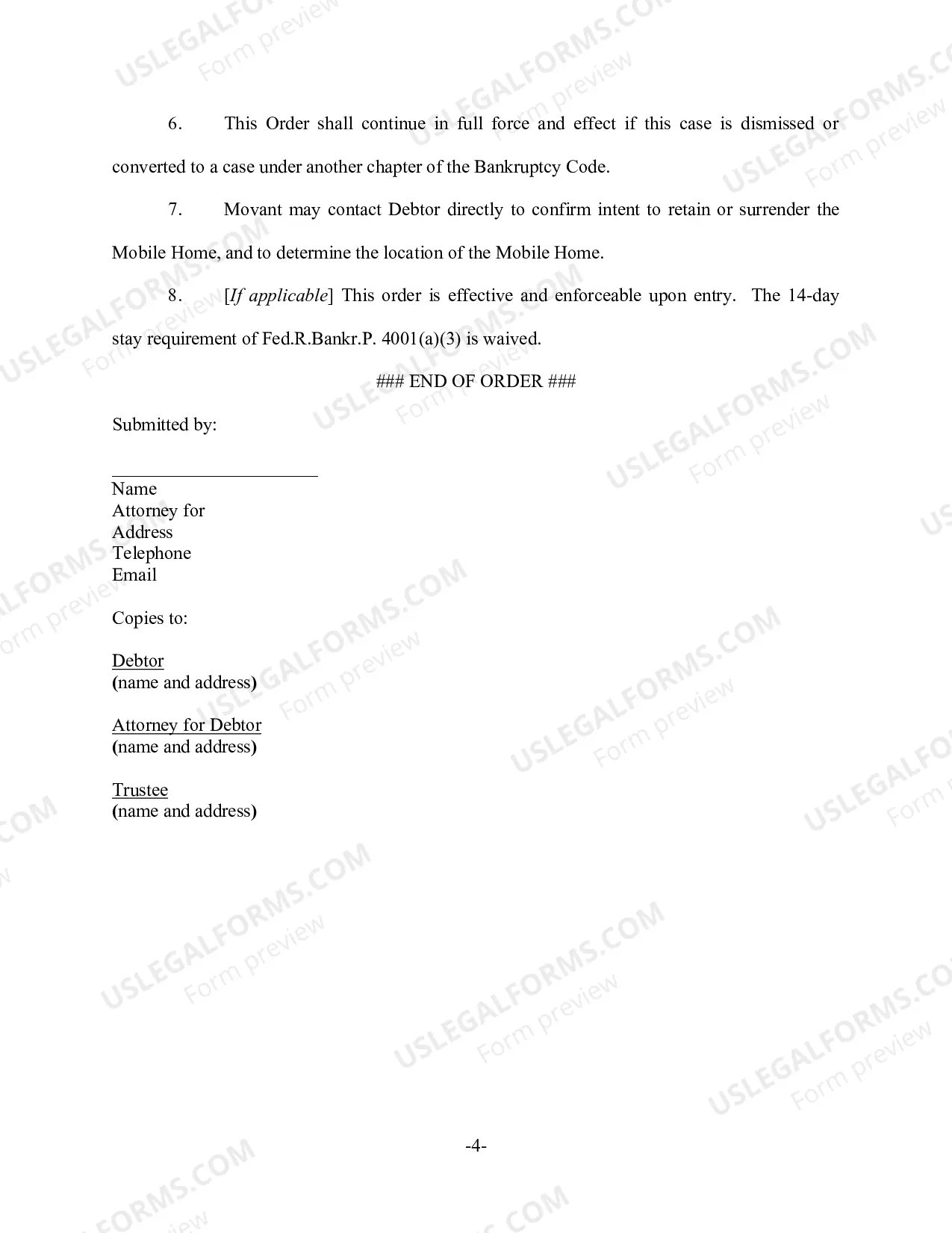 Preview Default Order Granting Relief from Stay (Mobile Home)