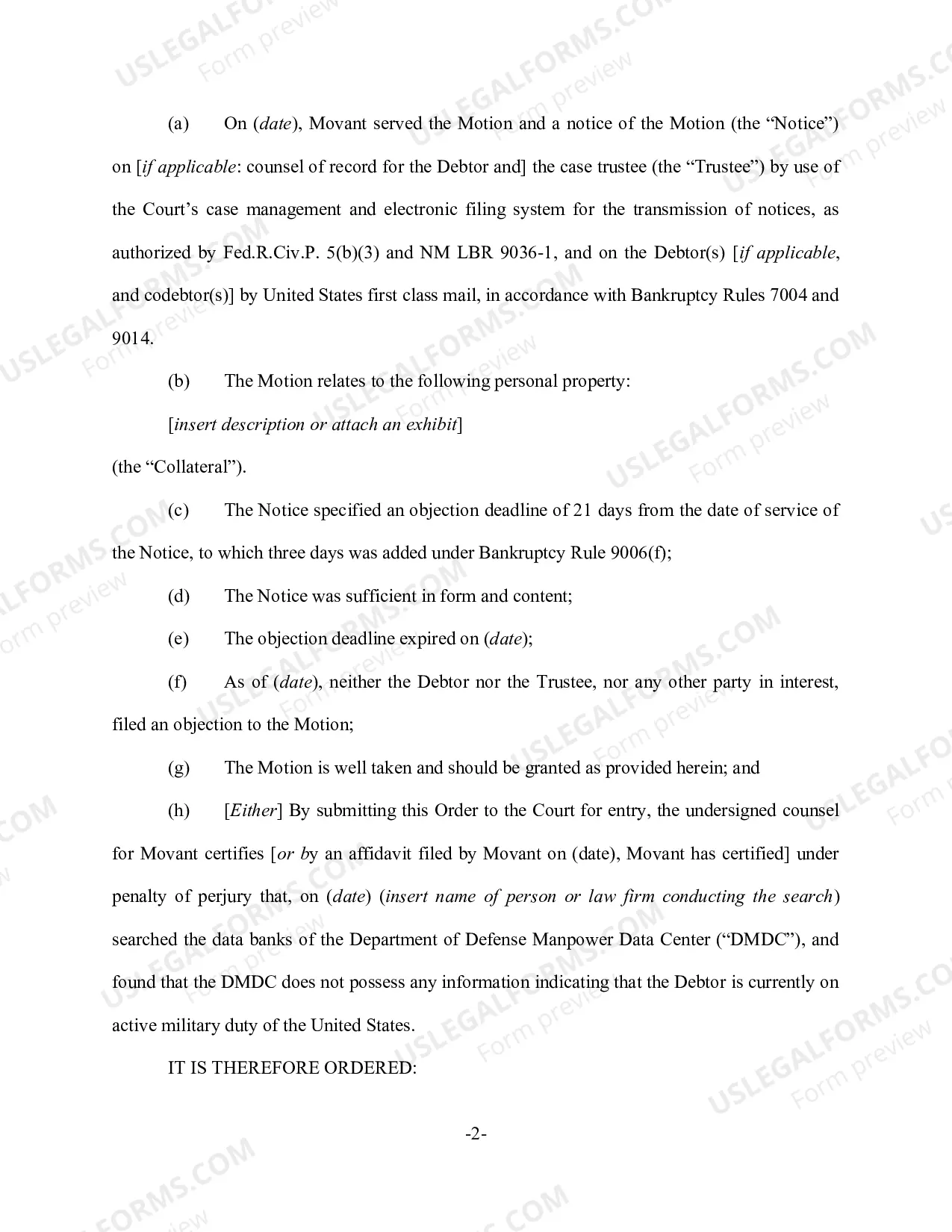 Preview Default Order Granting Relief from Stay (Personal Property)