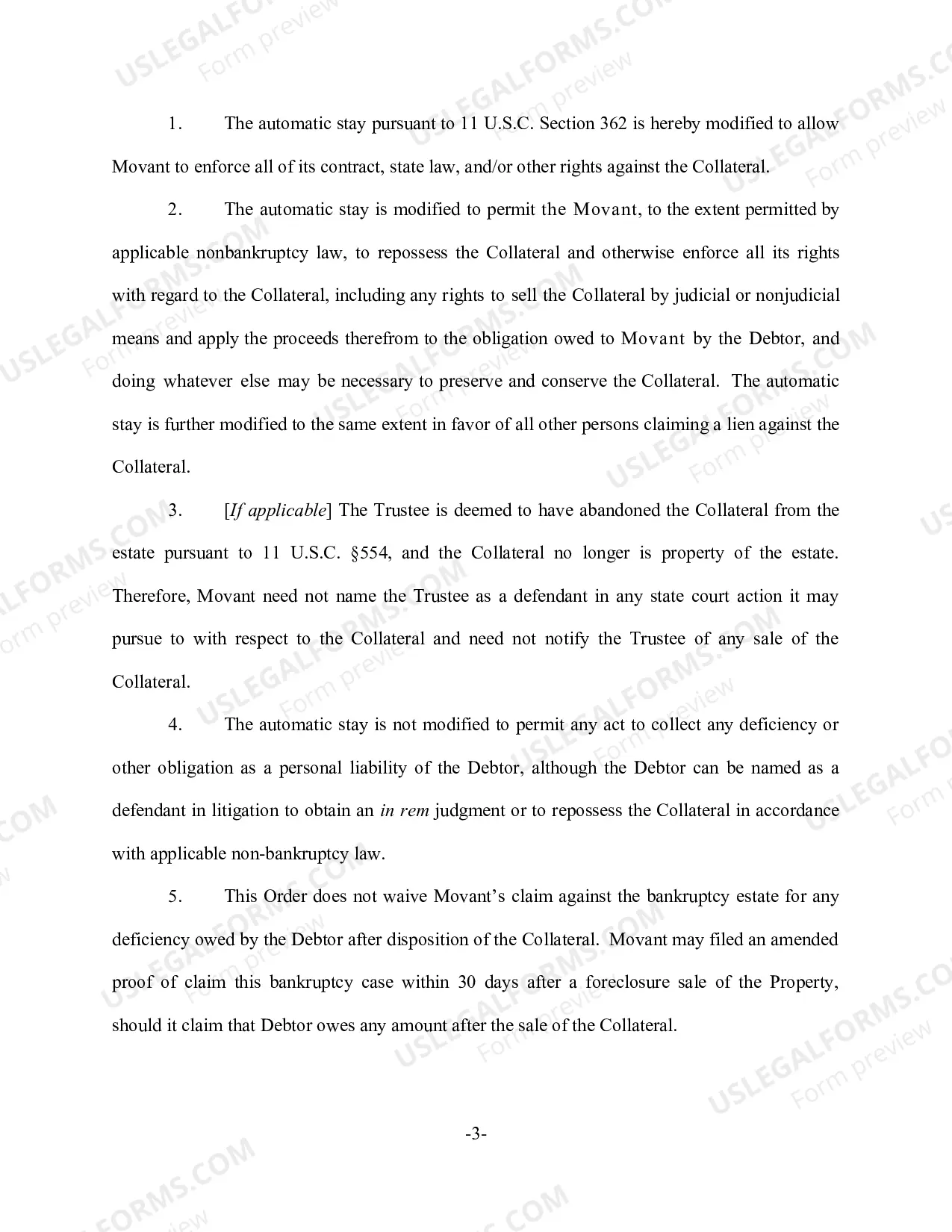 Preview Default Order Granting Relief from Stay (Personal Property)