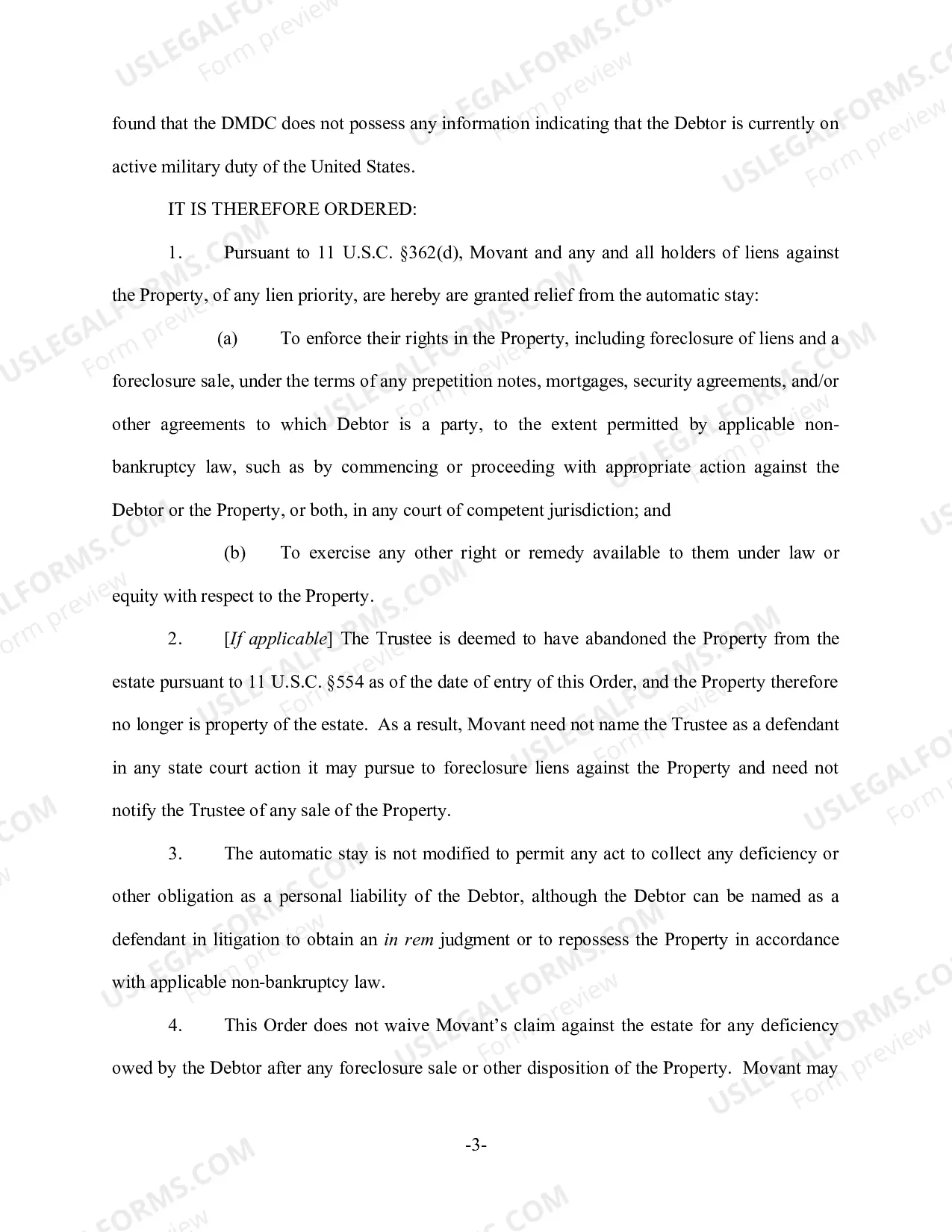 Preview Default Order Granting Relief from Stay (Real Estate)