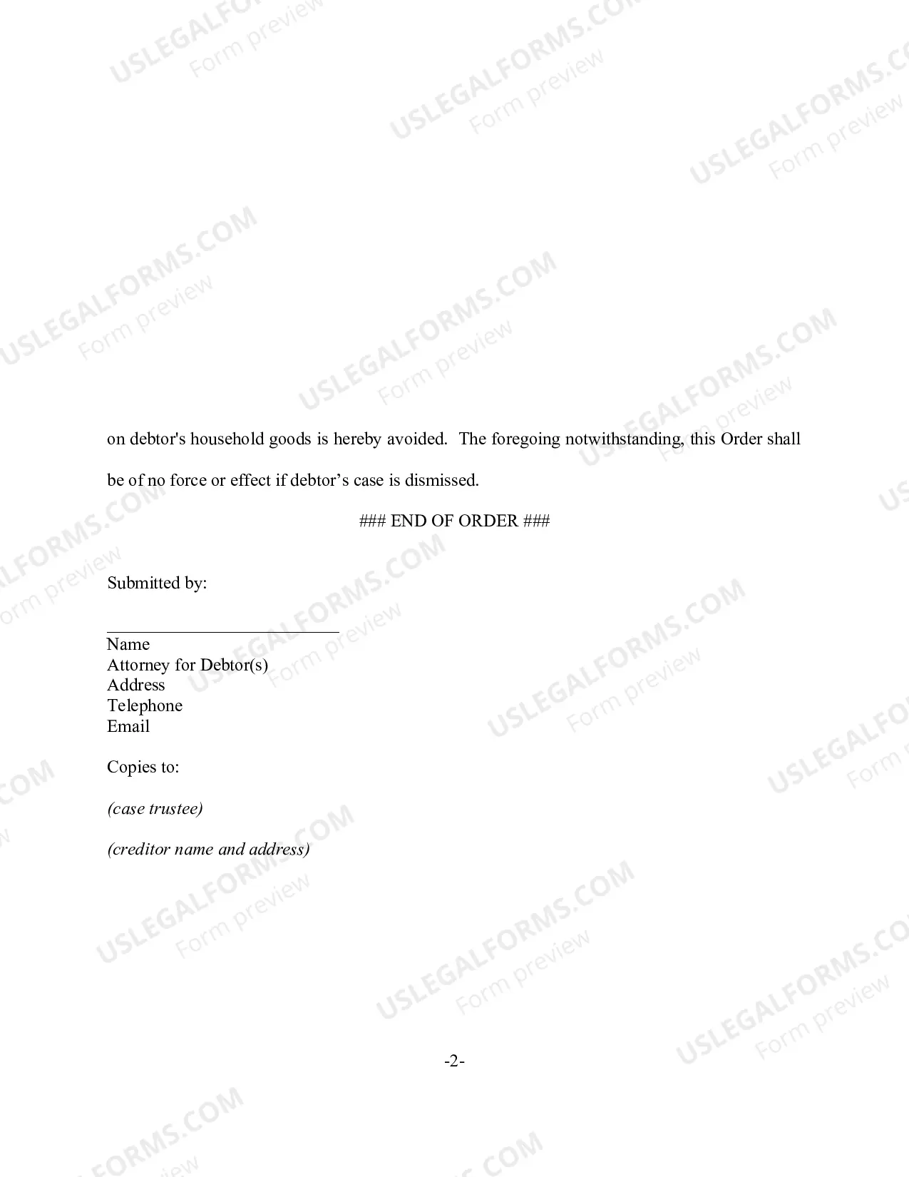 Preview Order Avoiding Lien on Household Goods