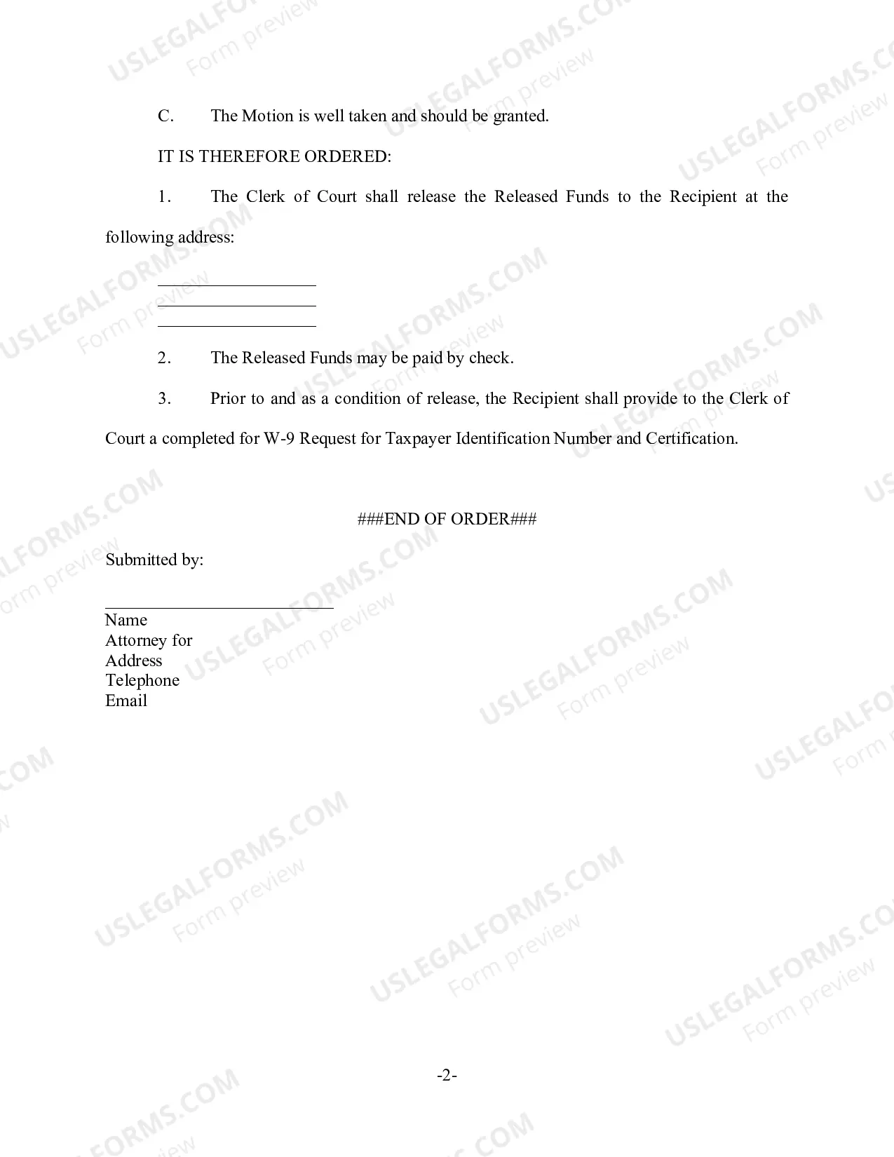 Preview Order Granting Motion to Release Funds from the Court Registry
