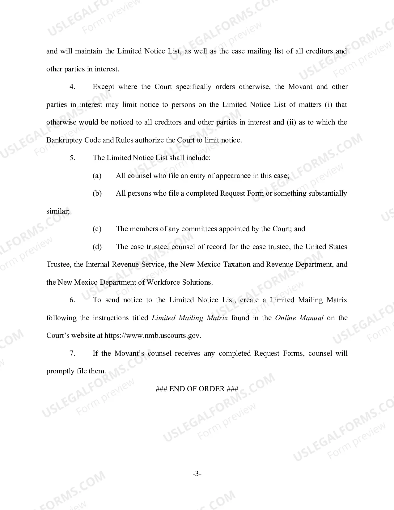 Preview Order Limiting Notice of Certain Matters