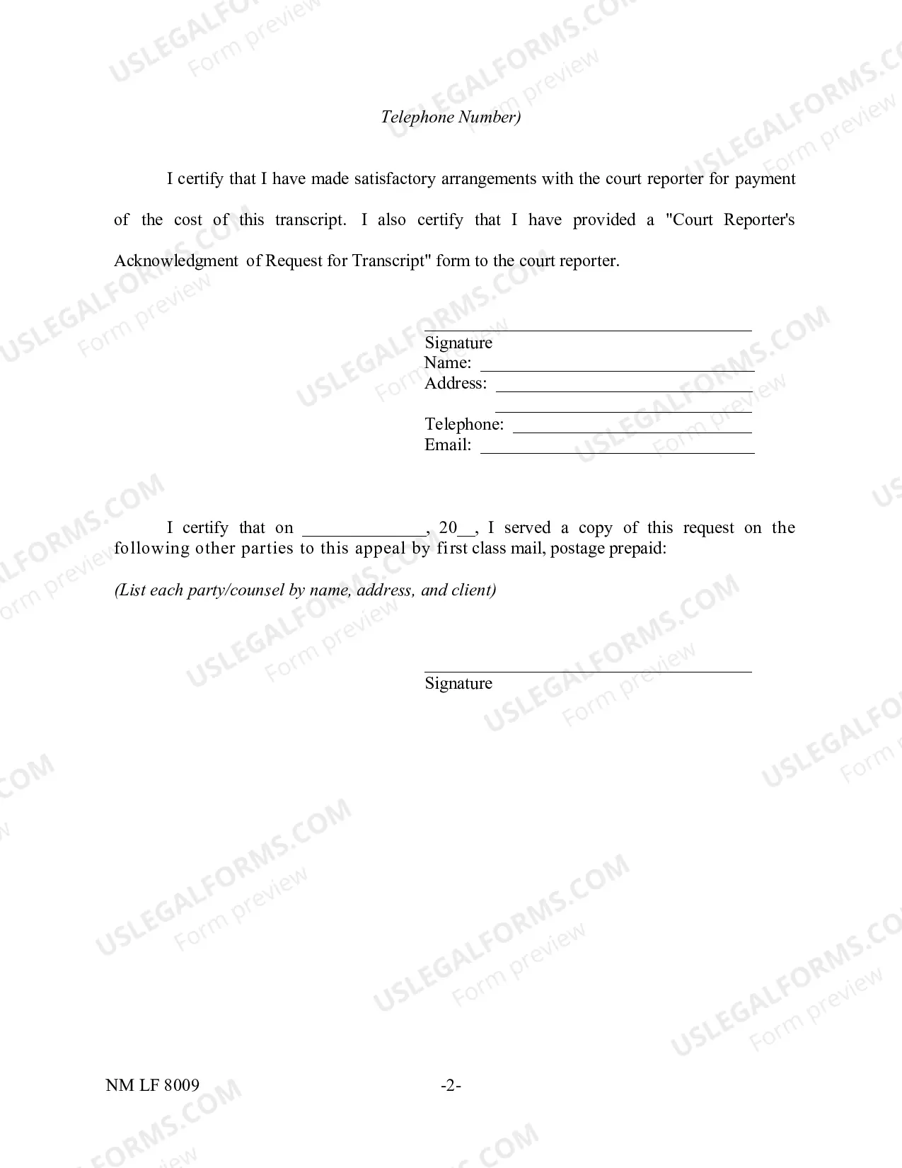 Preview Request for Transcript for Appeal and Certificate of Satisfactory Arrangements