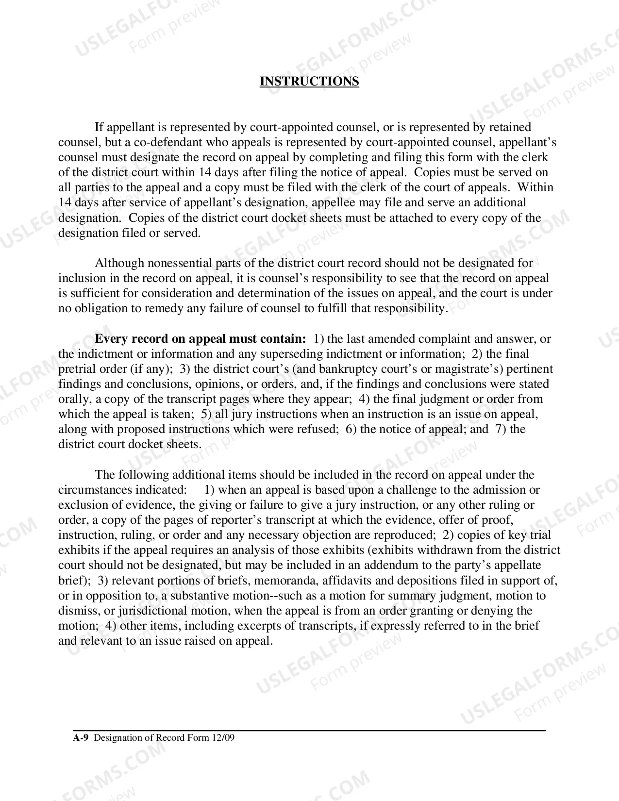Preview Designation of Record (Appeals)
