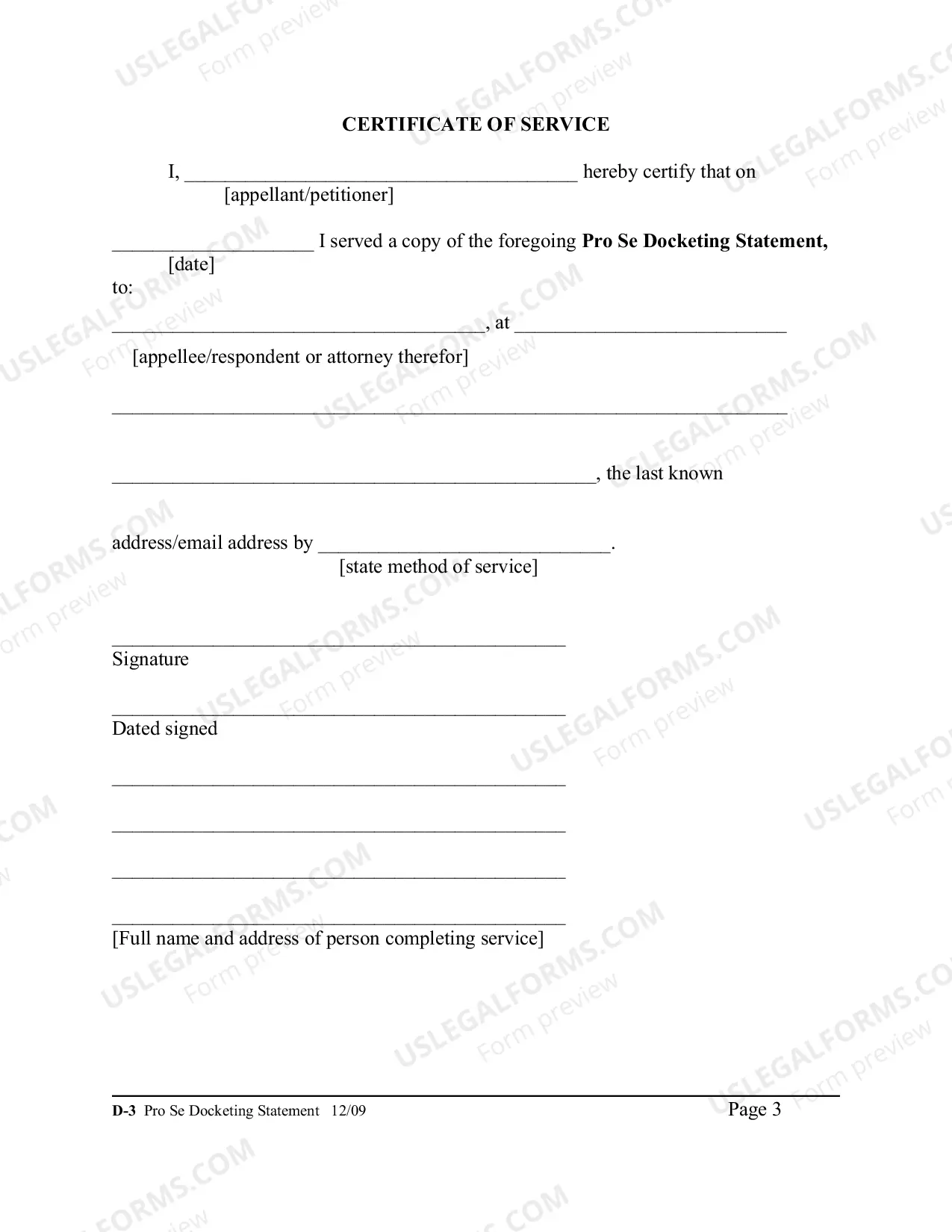 Preview Pro Se Docketing Statement
