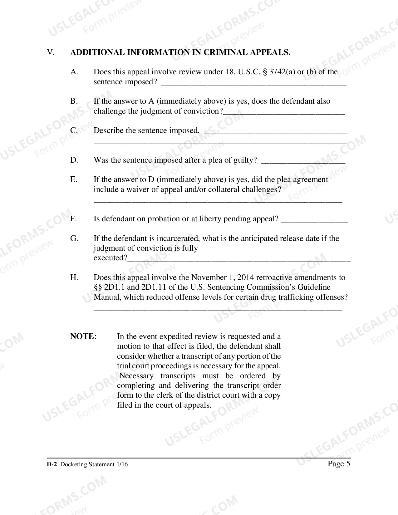 Preview Transcript Order Form, FAQ, Docketing Statement Instructions