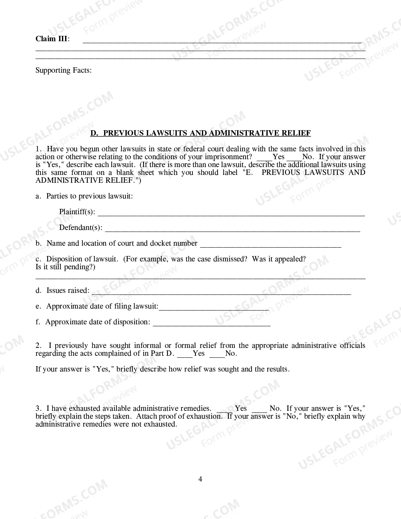 Preview Prisoner's Civil Rights Complaint (42 U.S.C. Sec. 1983)