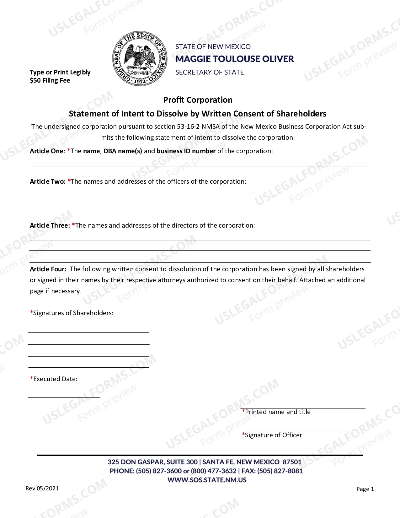 Preview Statement of Intent To Dissolve By Written Consent of Shareholders (Domestic Profit Corp)