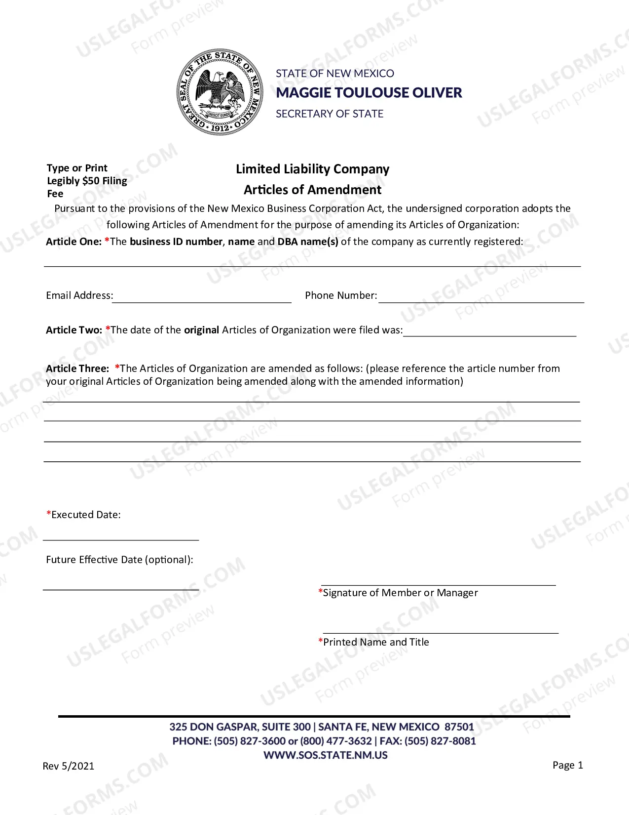 Preview Articles of Amendment To Articles of Organization (Domestic LLC)
