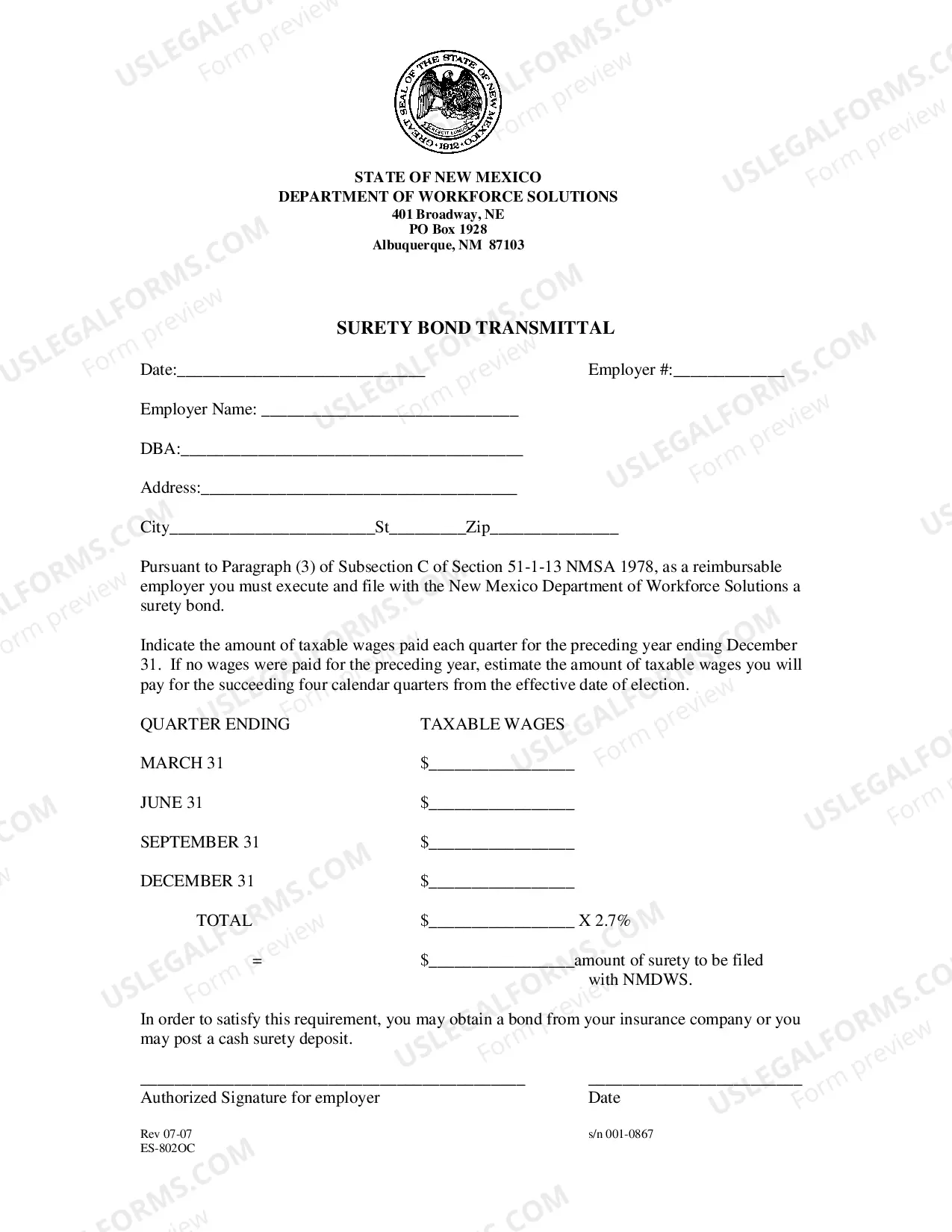 Preview ES802 (C) Surety Bond Transmittal