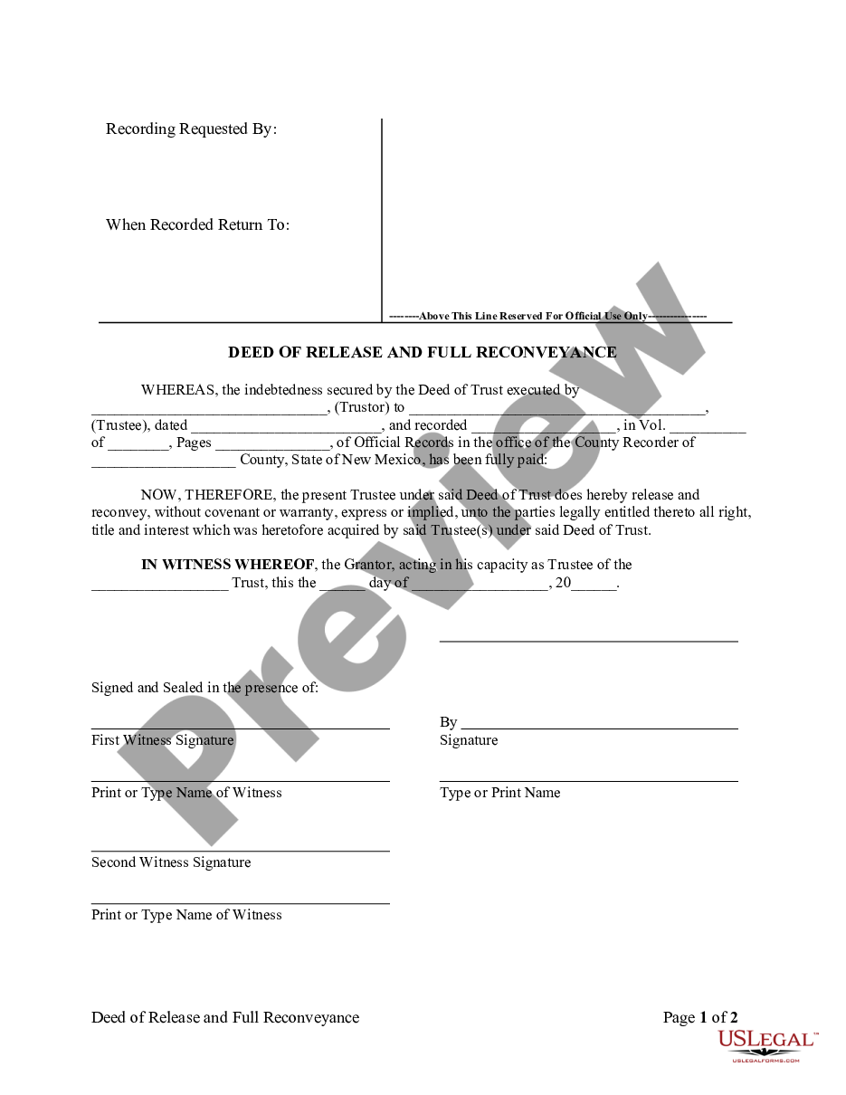 page 0 Deed of Release and Full Reconveyance - Individual Lender or Holder preview