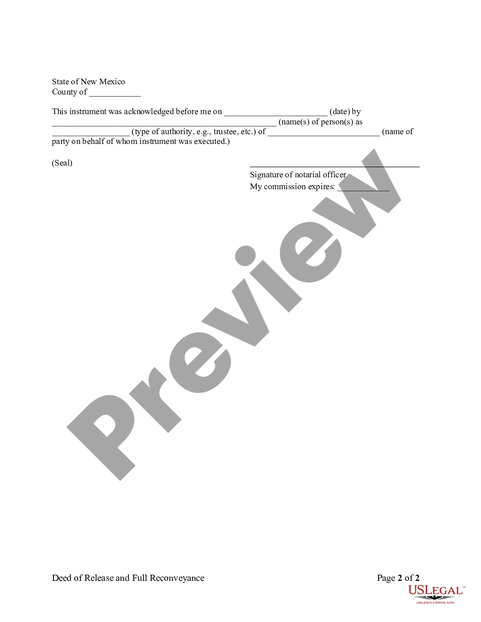 page 1 Deed of Release and Full Reconveyance - Individual Lender or Holder preview