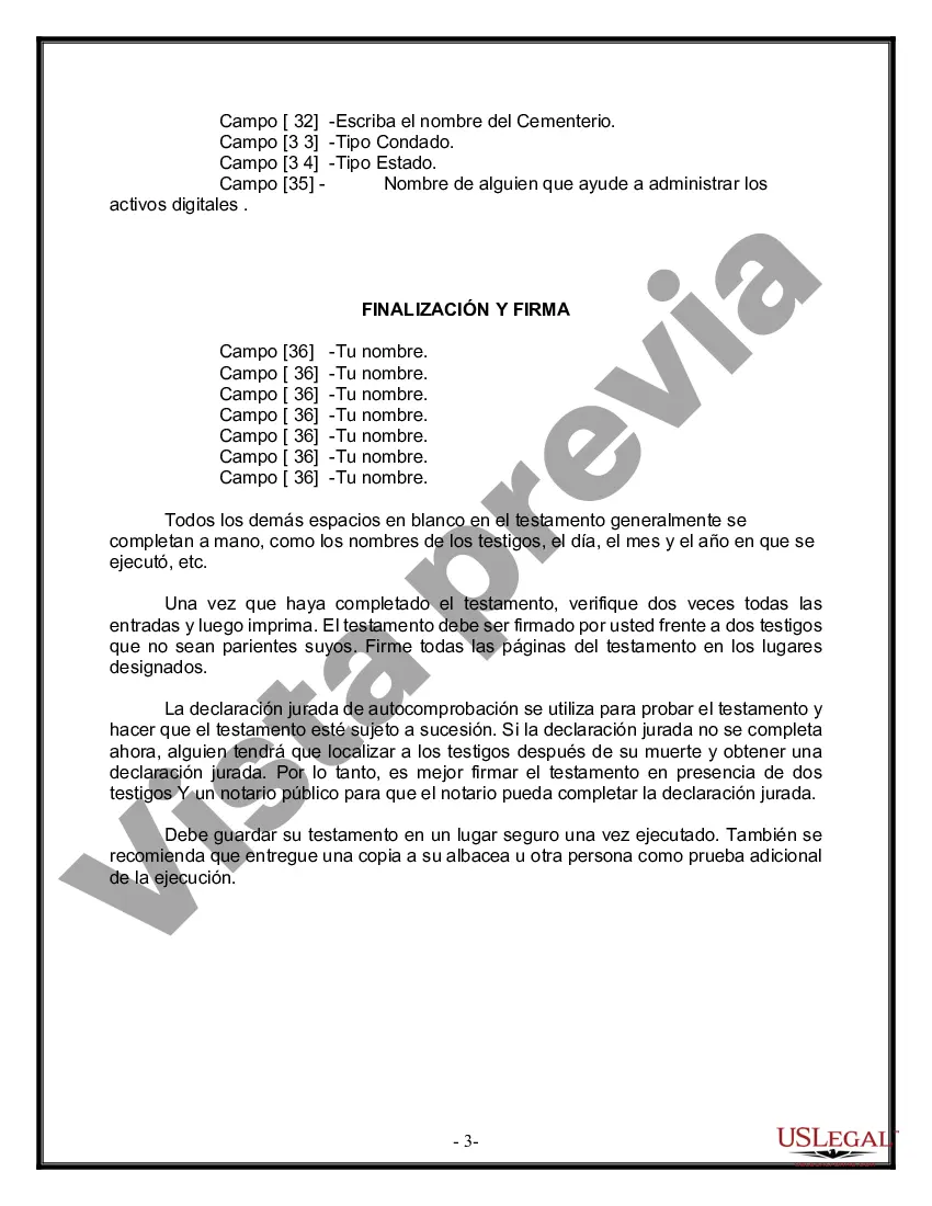 Preview Formulario Legal de Última Voluntad y Testamento para Persona Soltera con Hijos Adultos