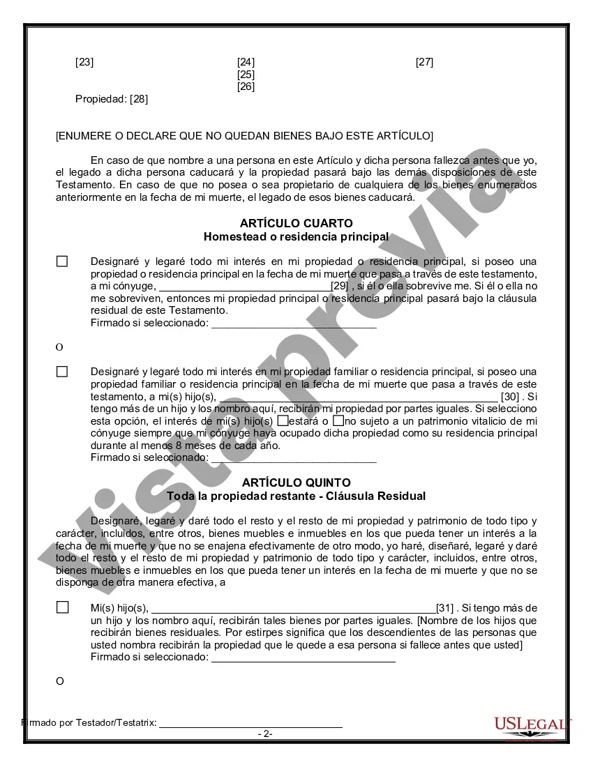 Preview Última voluntad y testamento legal para persona casada con hijos menores de edad de un matrimonio anterior