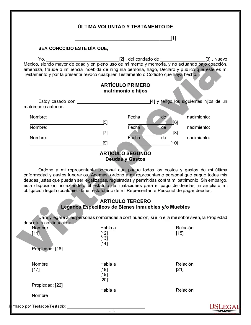 Preview Última voluntad y testamento legal para persona casada con hijos menores de edad de un matrimonio anterior