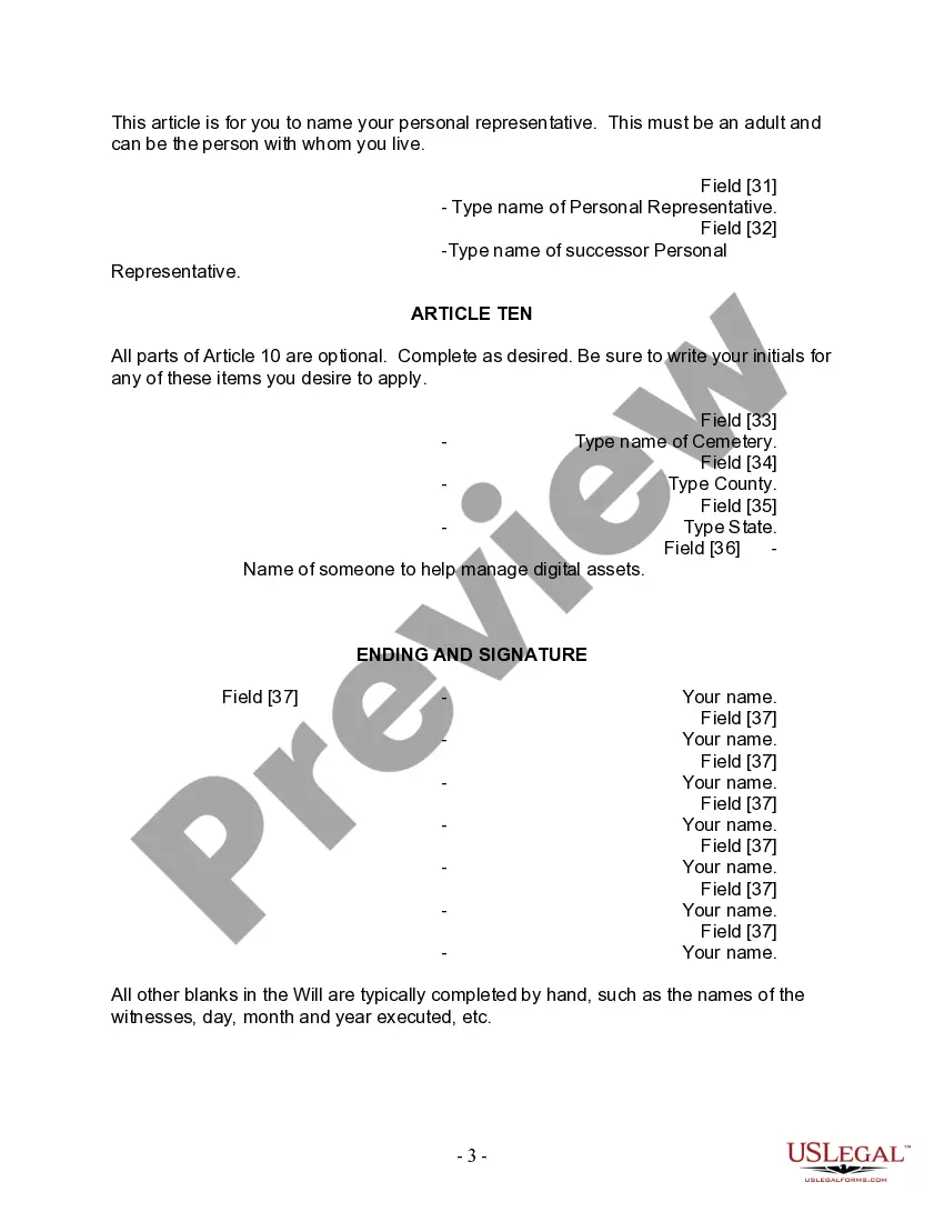 Preview Last Will and Testament for Divorced person not Remarried with Adult Children