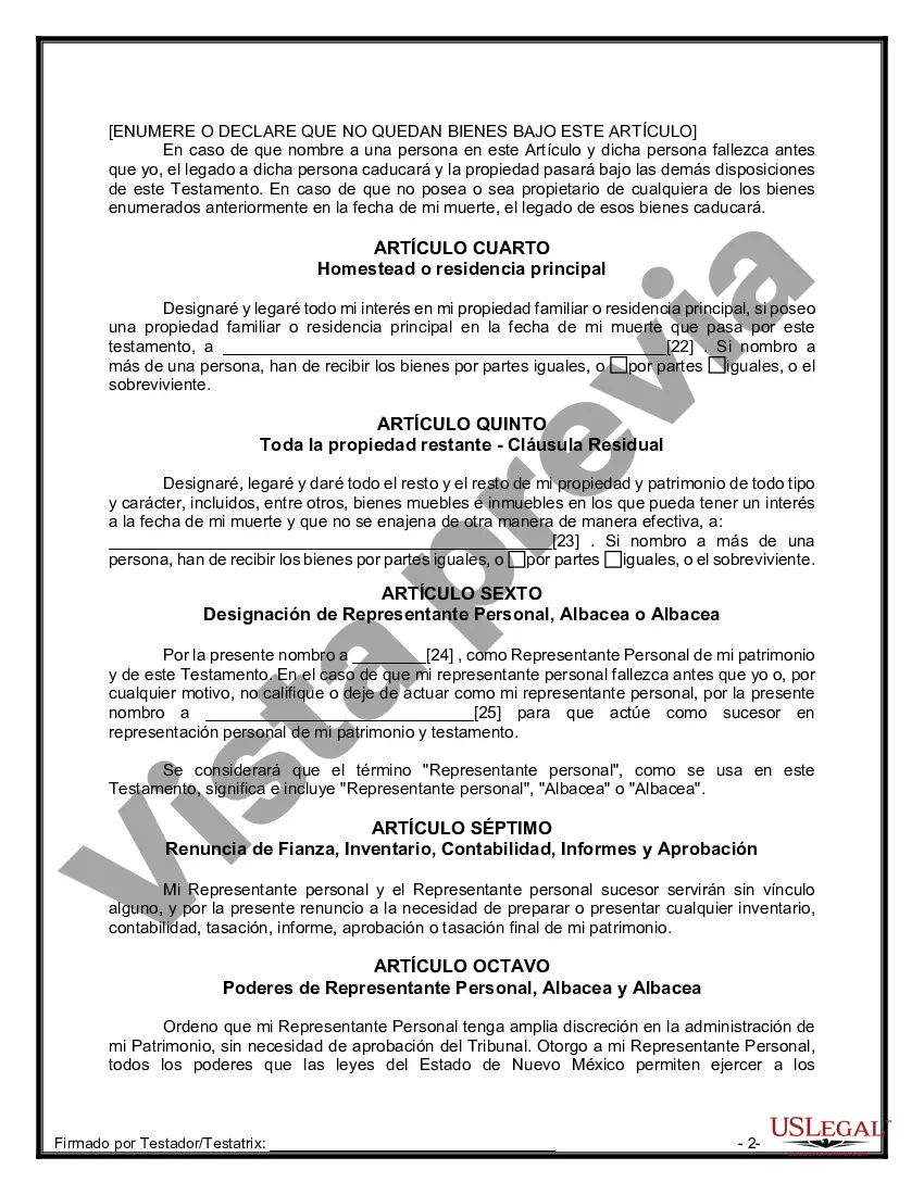 Preview Formulario de última voluntad y testamento legal para personas divorciadas que no se han vuelto a casar y no tienen hijos