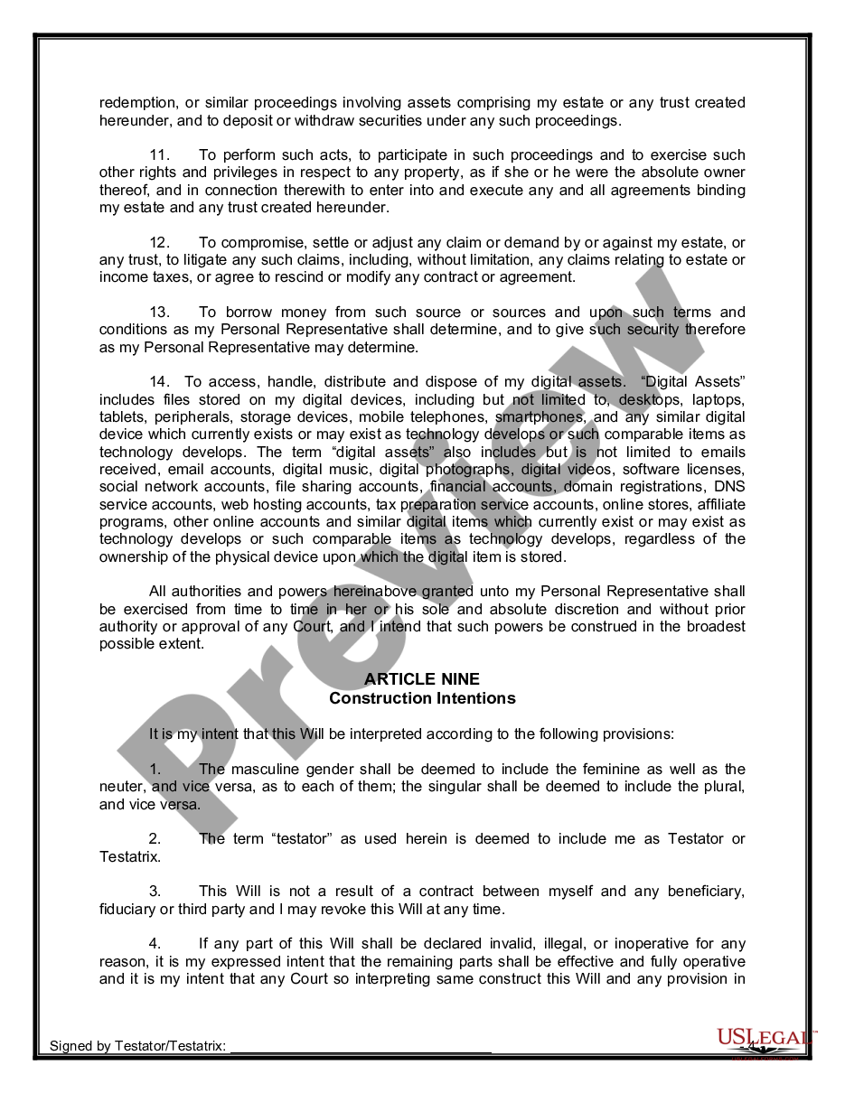 page 9 Legal Last Will and Testament Form for Divorced Person Not Remarried with No Children preview