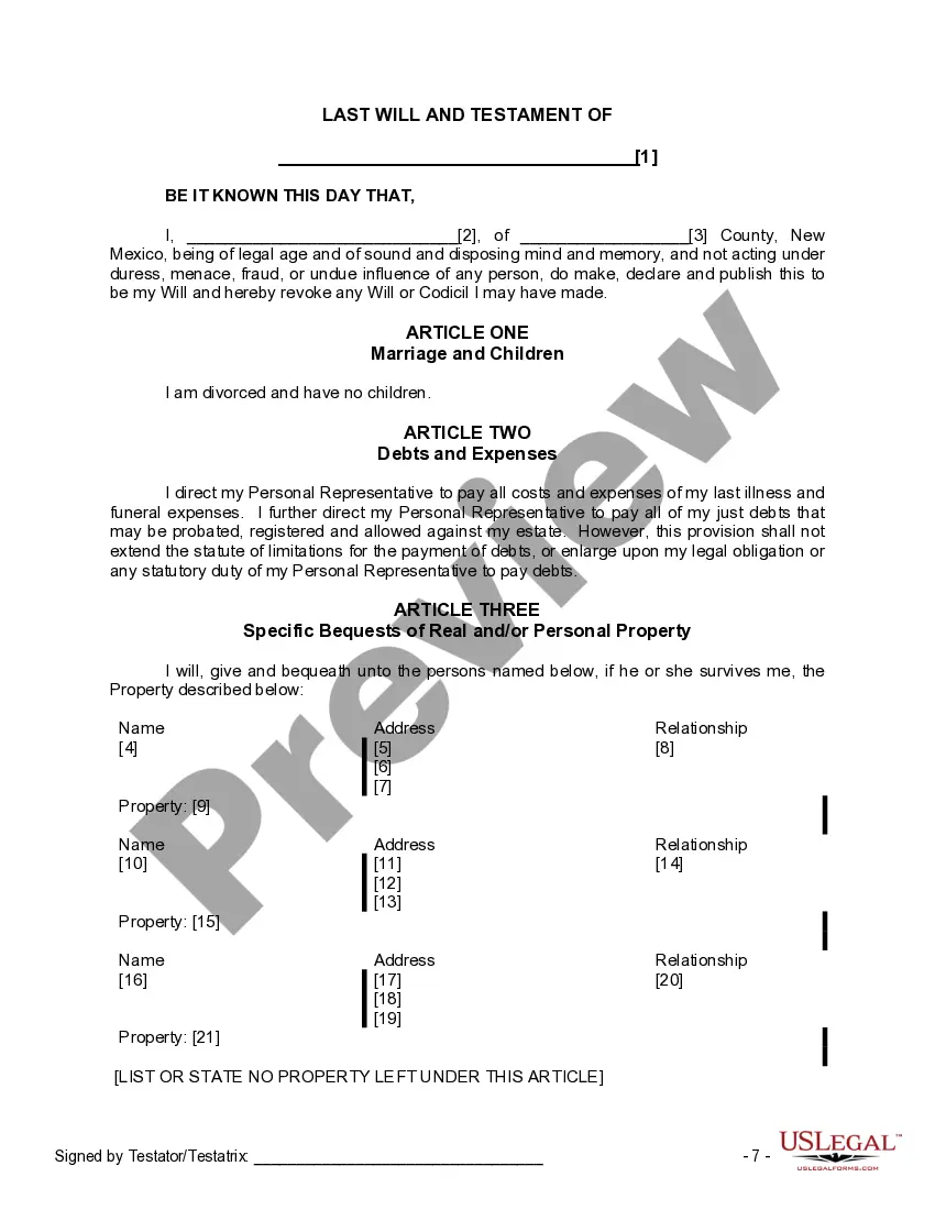 Preview Last Will and Testament for Divorced Person Not Remarried with No Children