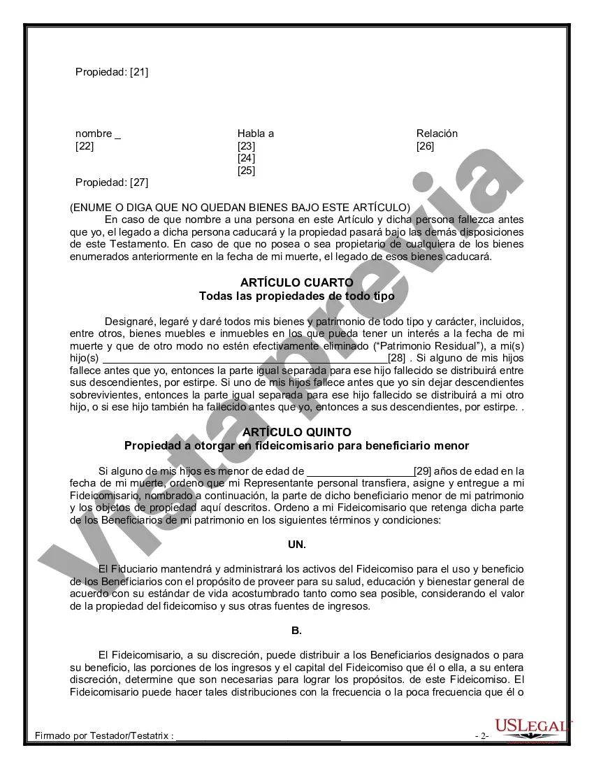 Preview Formulario de última voluntad y testamento legal para personas divorciadas que no se han vuelto a casar con hijos menores