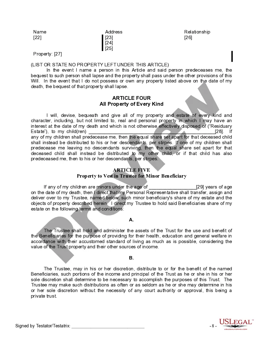 Preview Last Will and Testament for Divorced person not Remarried with Minor Children