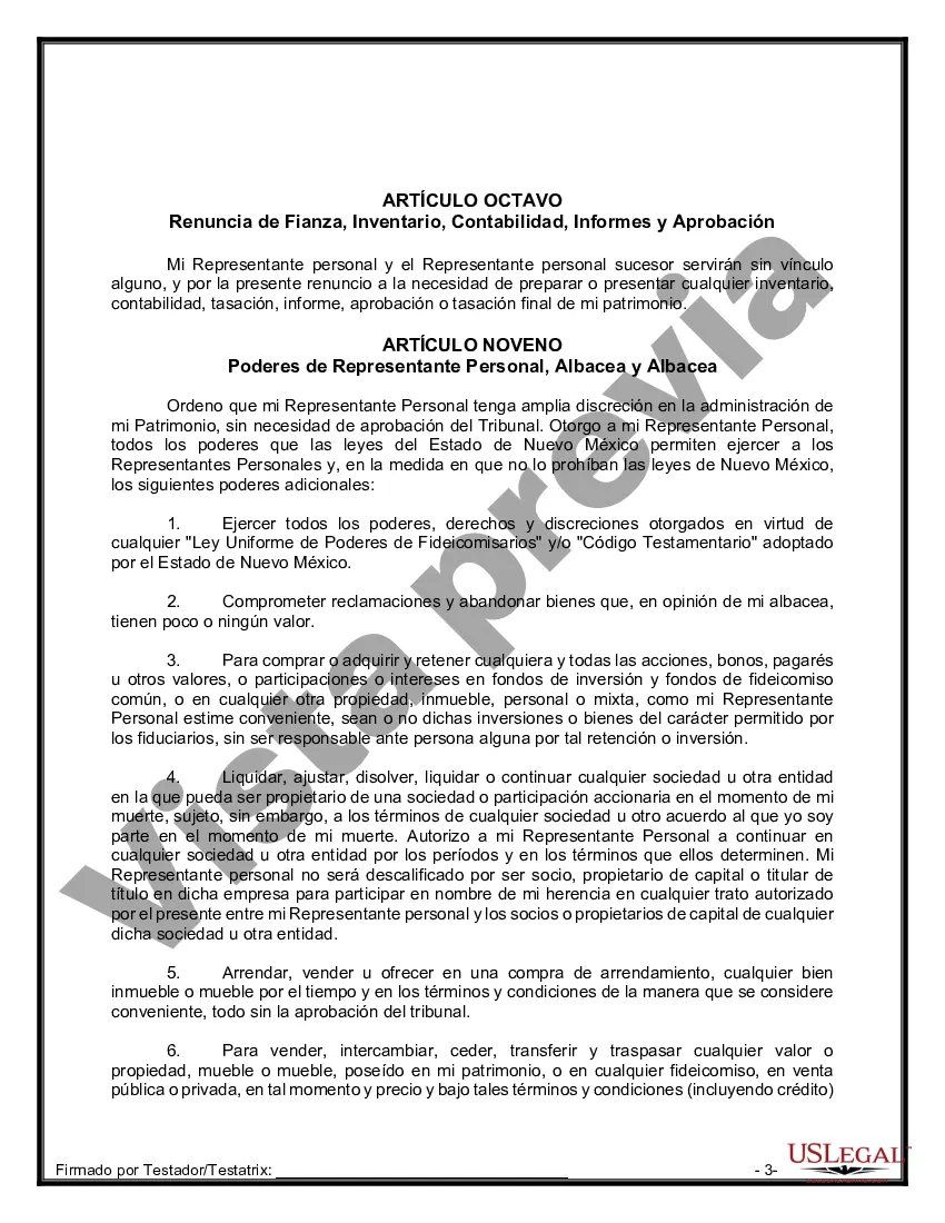 Preview Formulario de última voluntad y testamento legal para una persona casada sin hijos