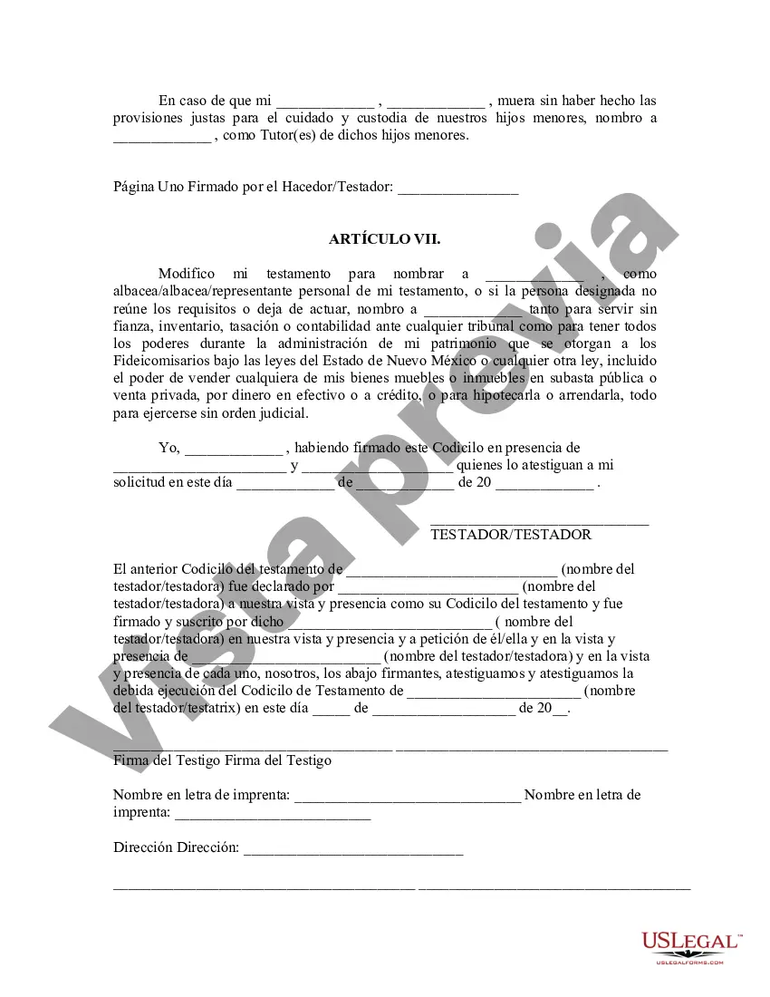 Get Codicilo al formulario de testamento para enmendar su testamento - Cambios o enmiendas de testamento Preview Codicilo al formulario de testamento para enmendar su testamento - Cambios o enmiendas de testamento